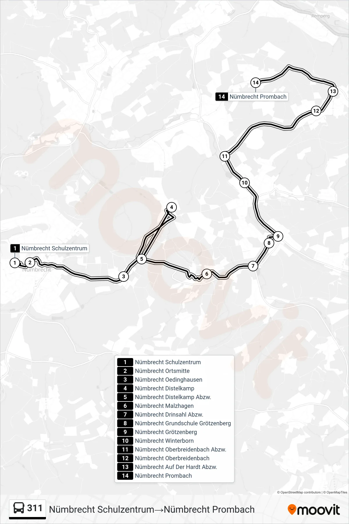 Linie 311 (Bus) Richtung Nümbrecht Schulzentrum‎→Nümbrecht Prombach: Route und Haltestellen auf der Karte
