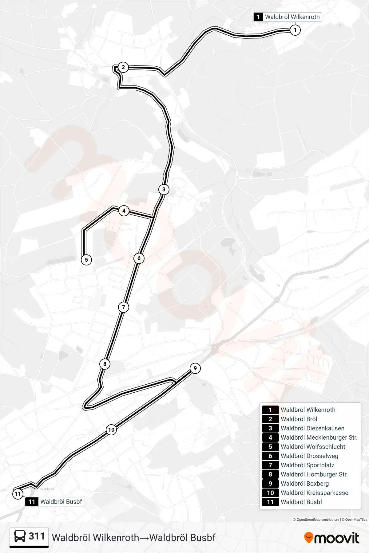 Linie 311 (Bus) Richtung Waldbröl Wilkenroth‎→Waldbröl Busbf: Route und Haltestellen auf der Karte