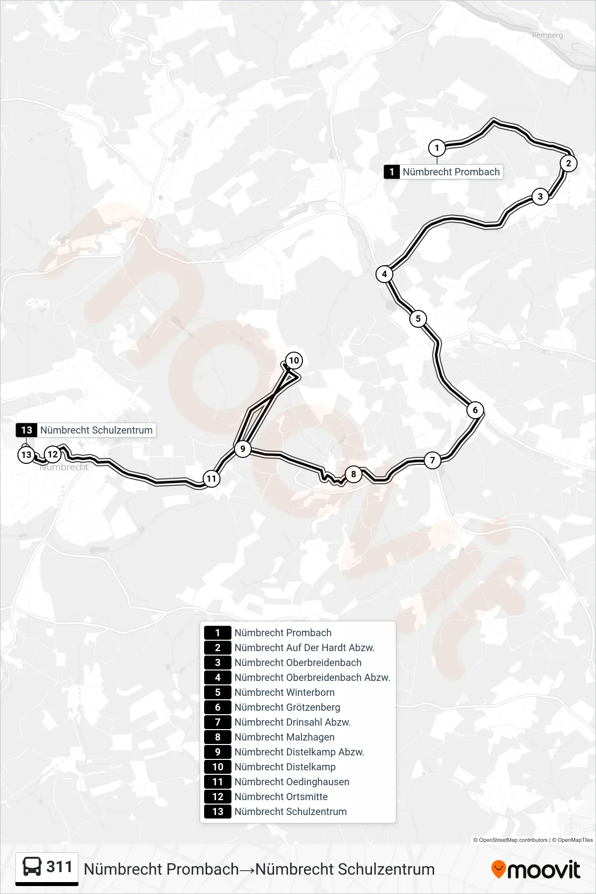 Linie 311 (Bus) Richtung Nümbrecht Prombach‎→Nümbrecht Schulzentrum: Route und Haltestellen auf der Karte