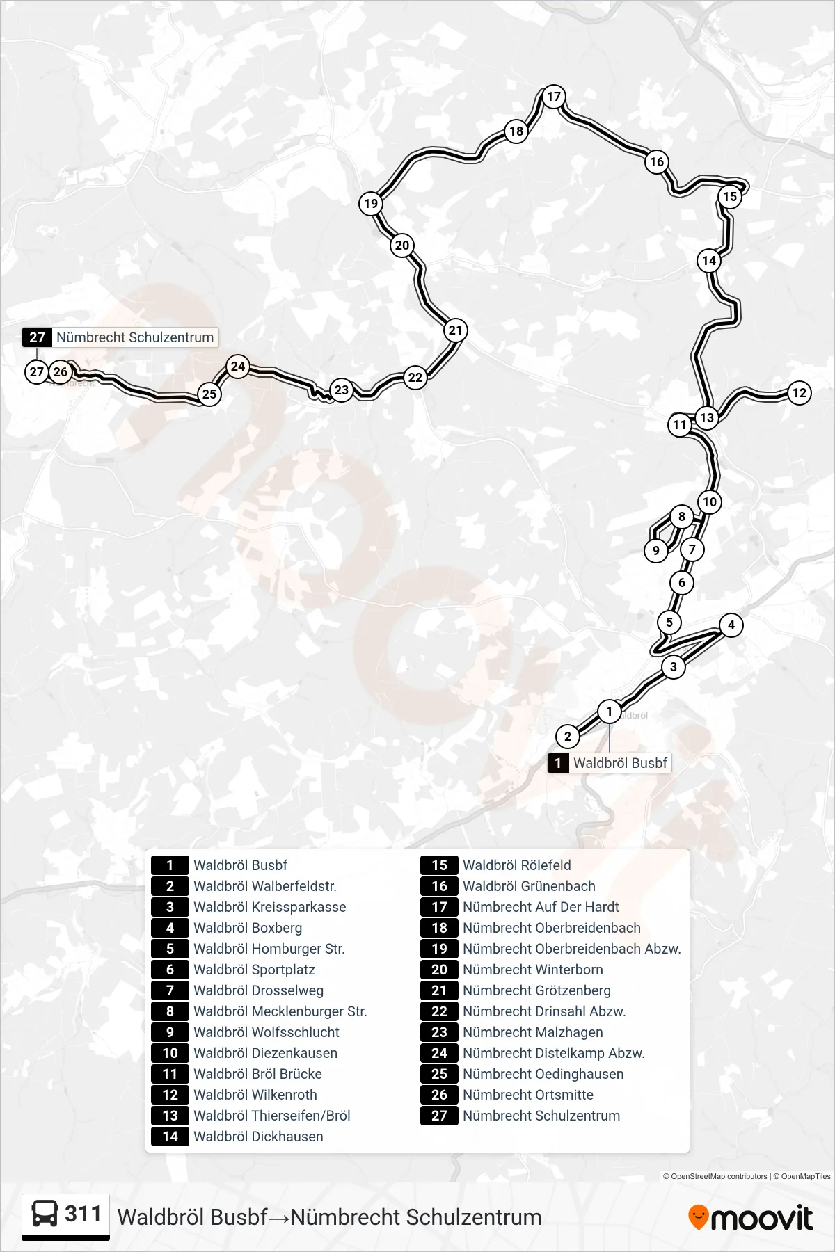 Linie 311 (Bus) Richtung Waldbröl Busbf→Nümbrecht Schulzentrum: Route und Haltestellen auf der Karte