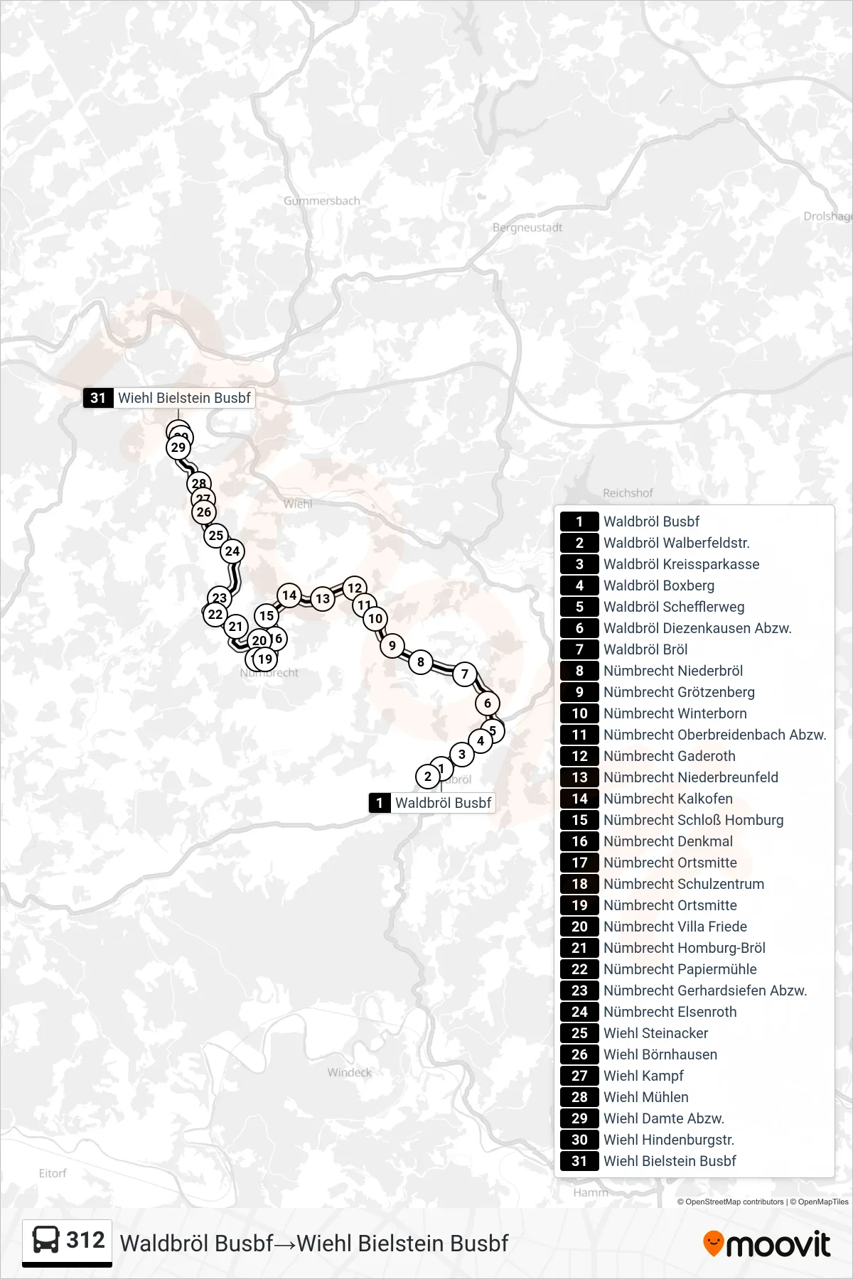 Linie 312 (Bus) Richtung Waldbröl Busbf→Wiehl Bielstein Busbf: Route und Haltestellen auf der Karte