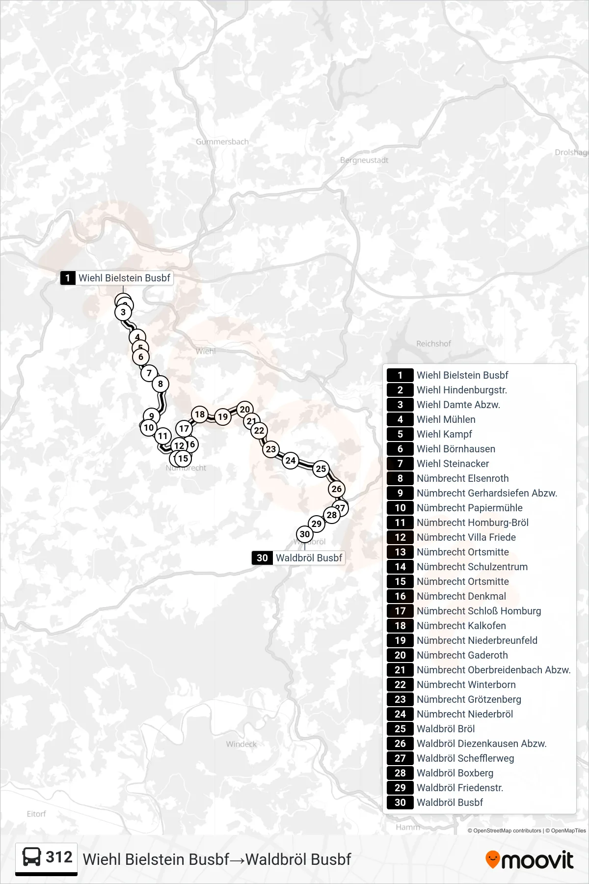 Linie 312 (Bus) Richtung Wiehl Bielstein Busbf→Waldbröl Busbf: Route und Haltestellen auf der Karte