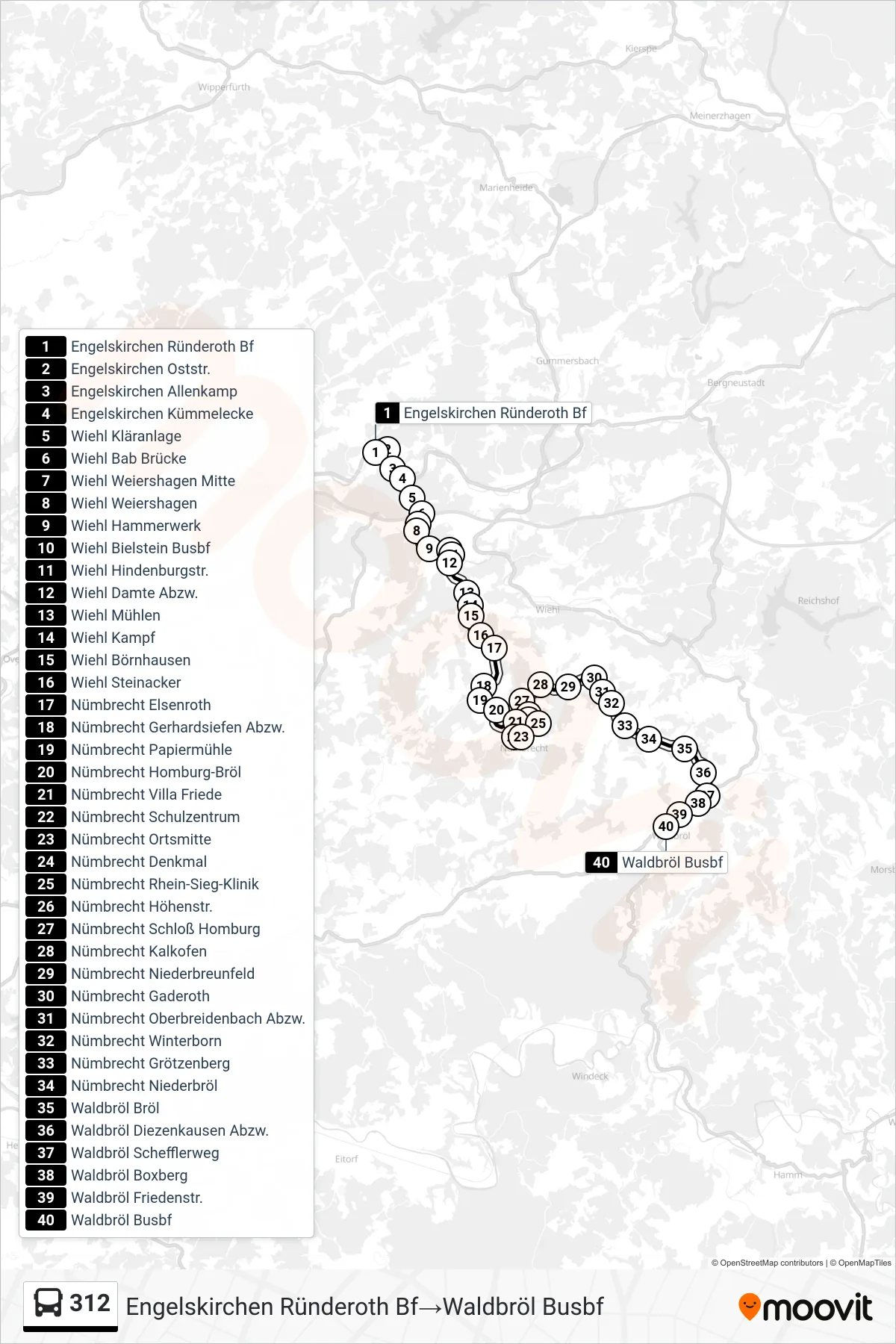 Linie 312 (Bus) Richtung Engelskirchen Ründeroth Bf→Waldbröl Busbf: Route und Haltestellen auf der Karte