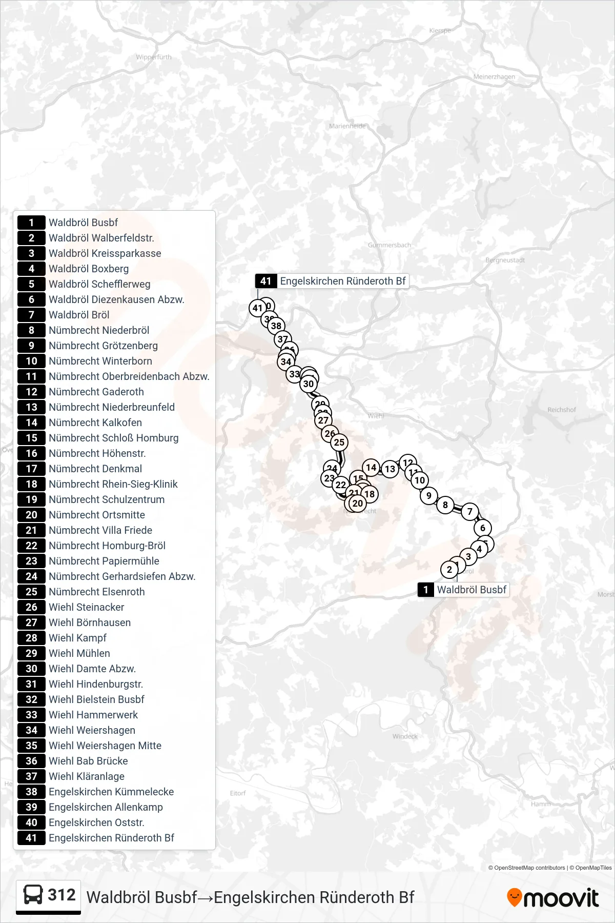 Linie 312 (Bus) Richtung Waldbröl Busbf‎→Engelskirchen Ründeroth Bf: Route und Haltestellen auf der Karte