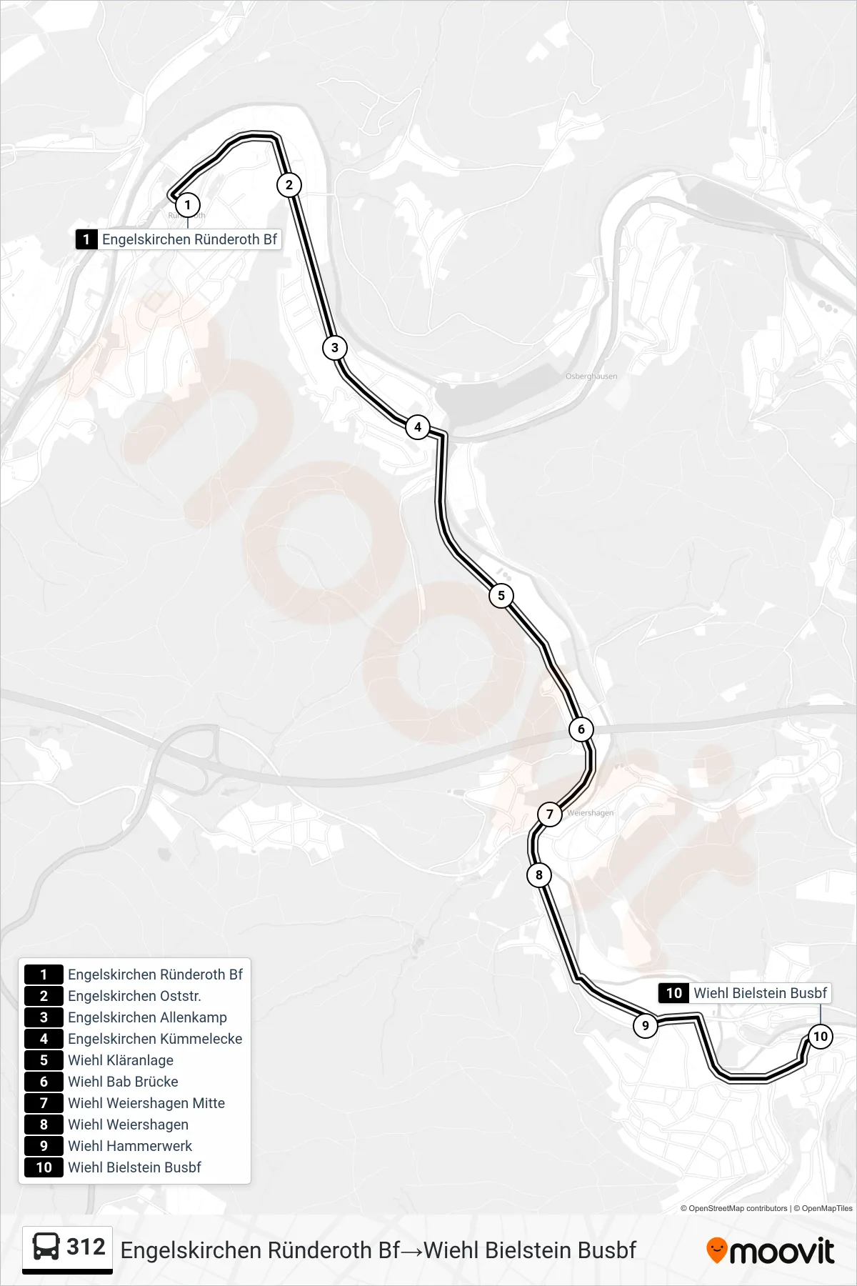 Linie 312 (Bus) Richtung Engelskirchen Ründeroth Bf‎→Wiehl Bielstein Busbf: Route und Haltestellen auf der Karte