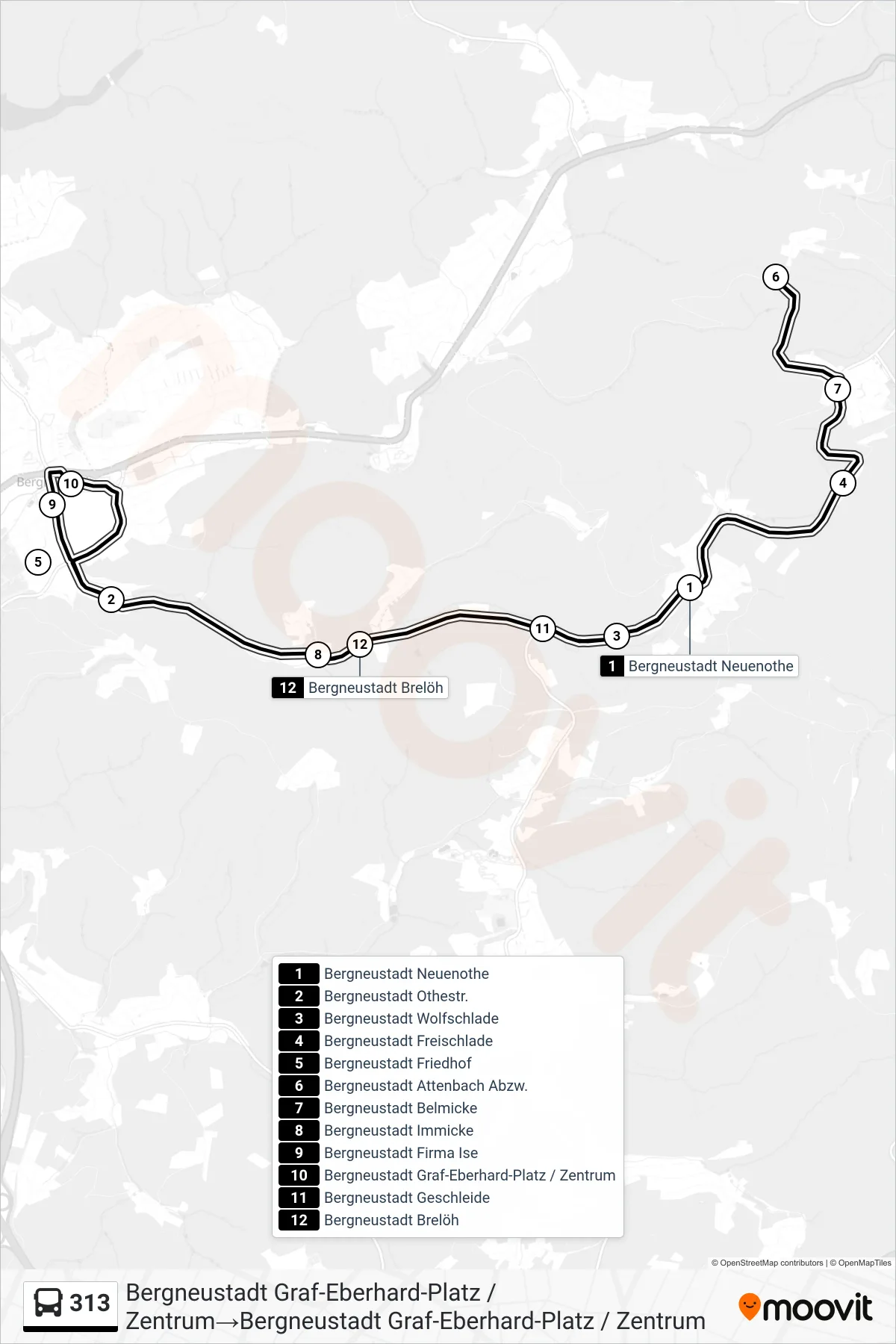 313 bus Line (Bergneustadt Graf-Eberhard-Platz / Zentrum‎→Bergneustadt Graf-Eberhard-Platz / Zentrum) route and stops on a map