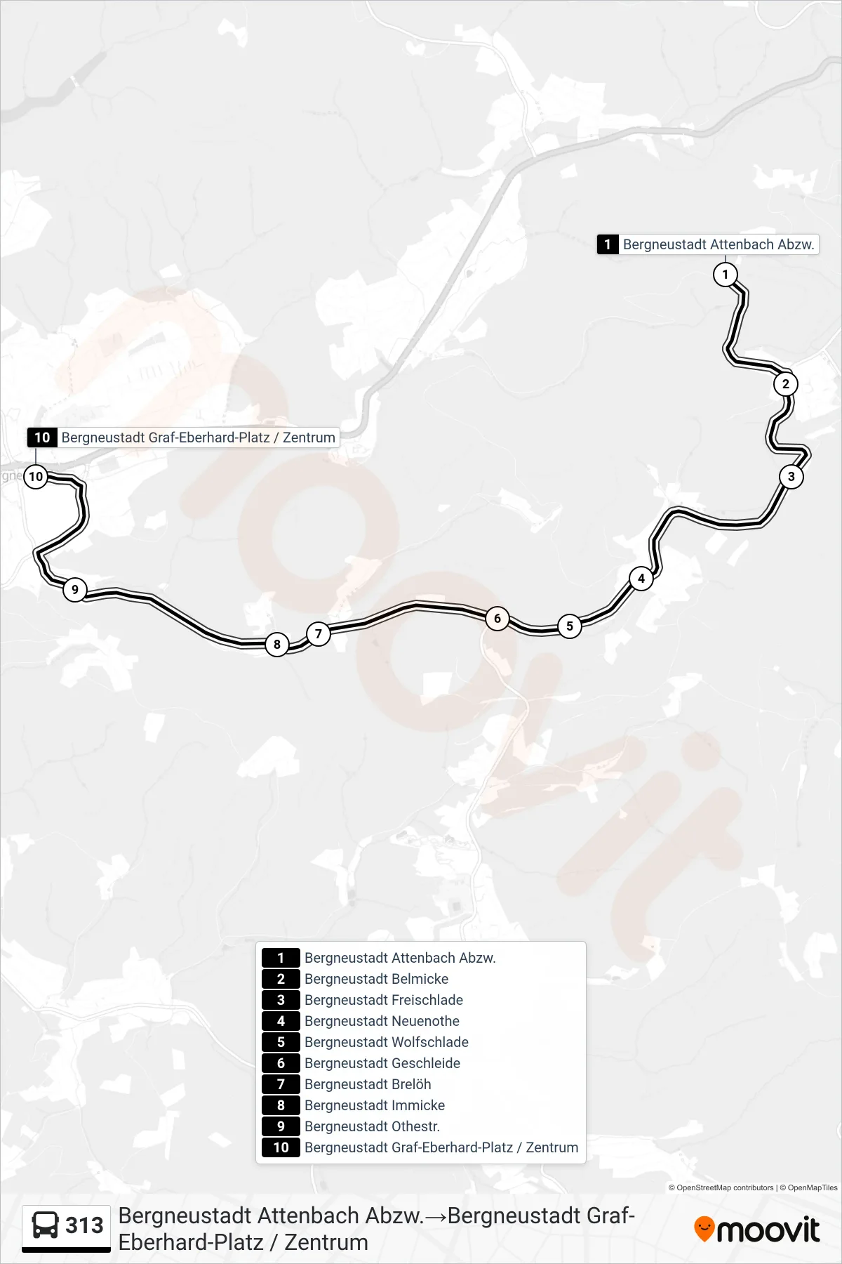 Linie 313 (Bus) Richtung Bergneustadt Attenbach Abzw.→Bergneustadt Graf-Eberhard-Platz / Zentrum: Route und Haltestellen auf der Karte