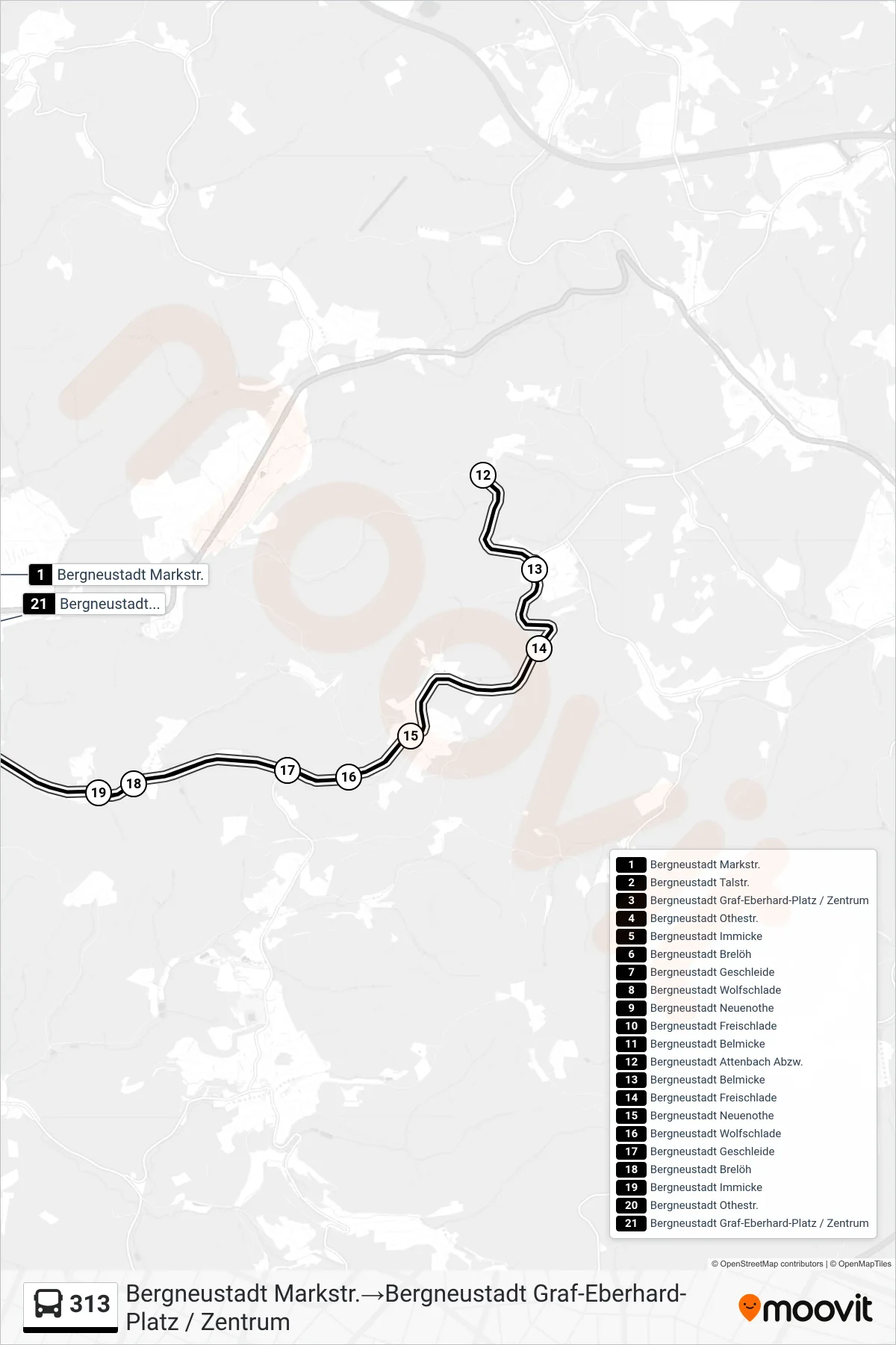 Linie 313 (Bus) Richtung Bergneustadt Markstr.→Bergneustadt Graf-Eberhard-Platz / Zentrum: Route und Haltestellen auf der Karte
