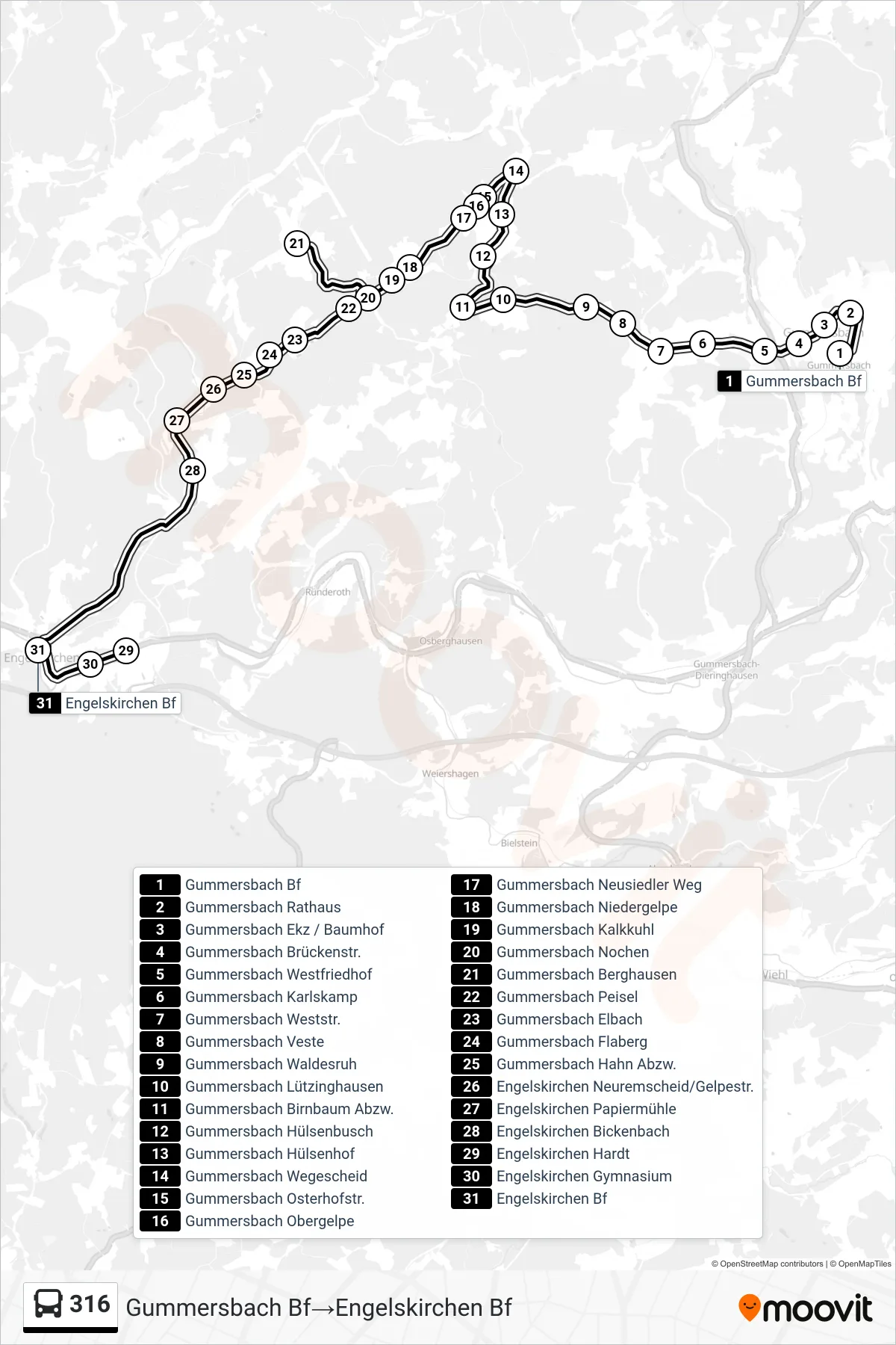316 bus Line (Gummersbach Bf→Engelskirchen Bf) route and stops on a map