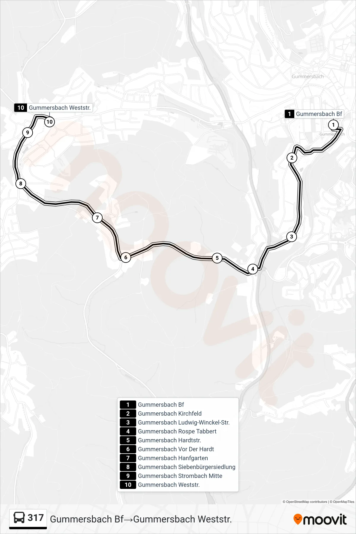 Linie 317 (Bus) Richtung Gummersbach Bf→Gummersbach Weststr.: Route und Haltestellen auf der Karte