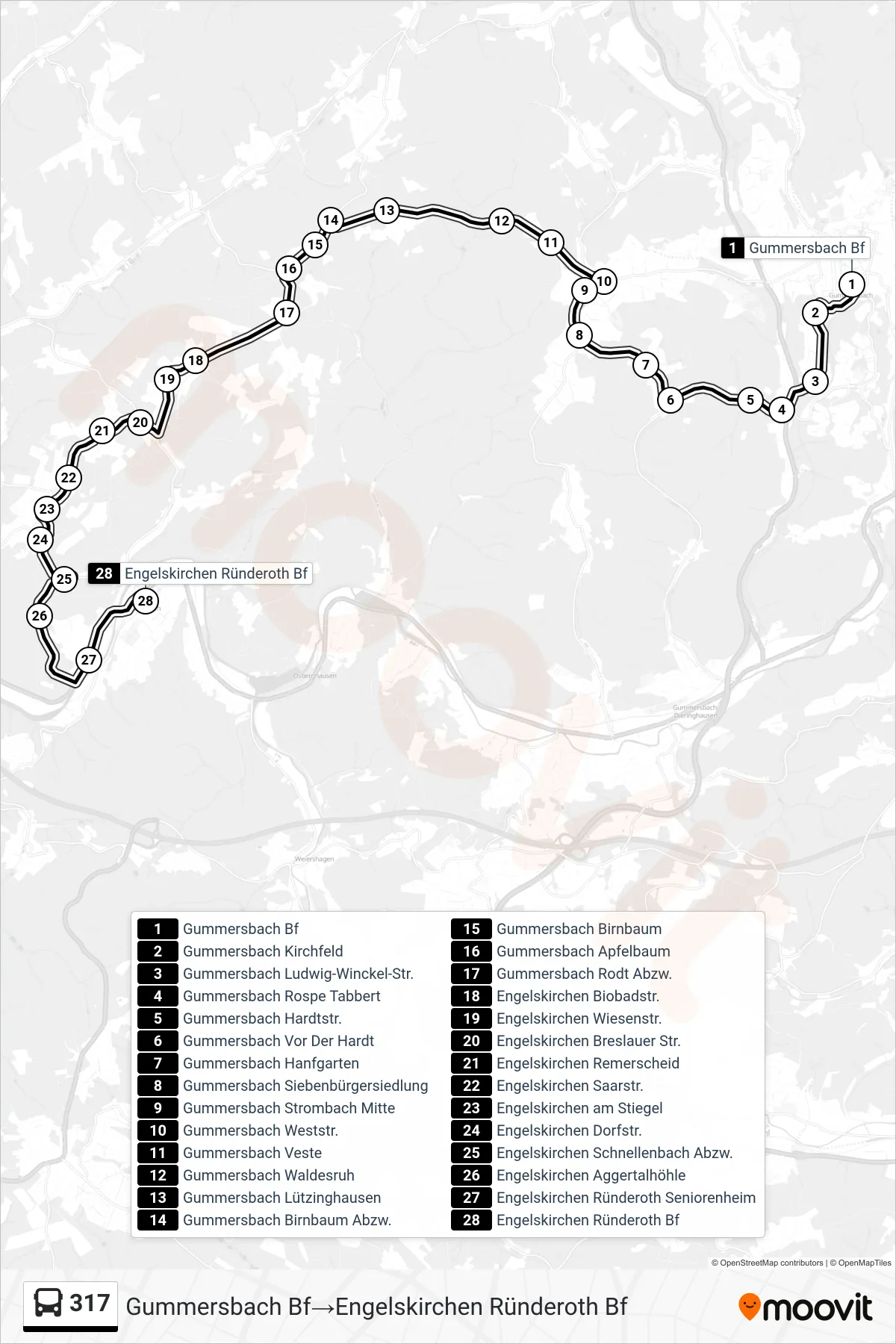 317 bus Line (Gummersbach Bf‎→Engelskirchen Ründeroth Bf) route and stops on a map