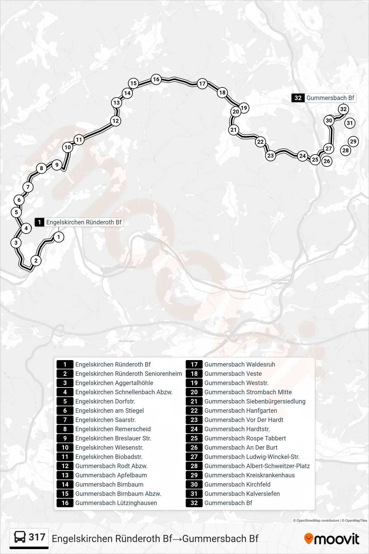 Linie 317 (Bus) Richtung Engelskirchen Ründeroth Bf→Gummersbach Bf: Route und Haltestellen auf der Karte