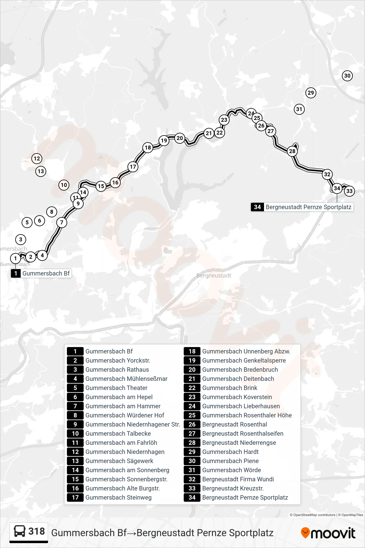 Linie 318 (Bus) Richtung Gummersbach Bf→Bergneustadt Pernze Sportplatz: Route und Haltestellen auf der Karte