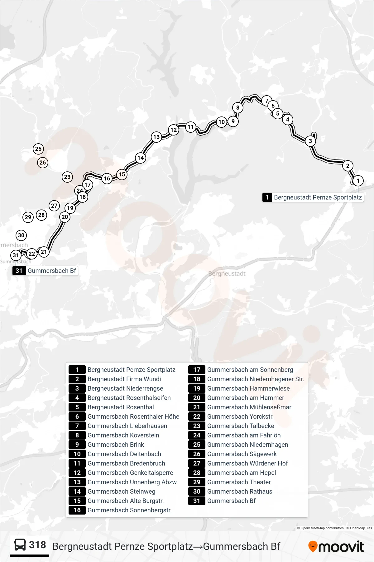 318 bus Line (Bergneustadt Pernze Sportplatz‎→Gummersbach Bf) route and stops on a map