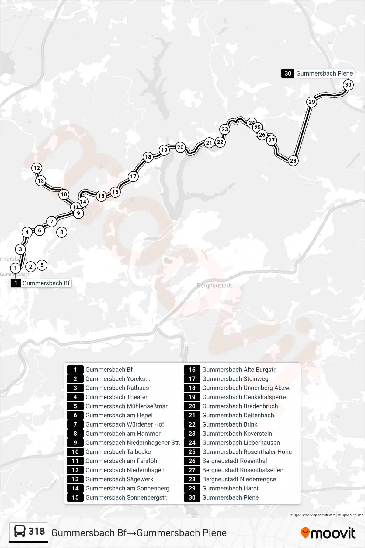 Linie 318 (Bus) Richtung Gummersbach Bf‎→Gummersbach Piene: Route und Haltestellen auf der Karte