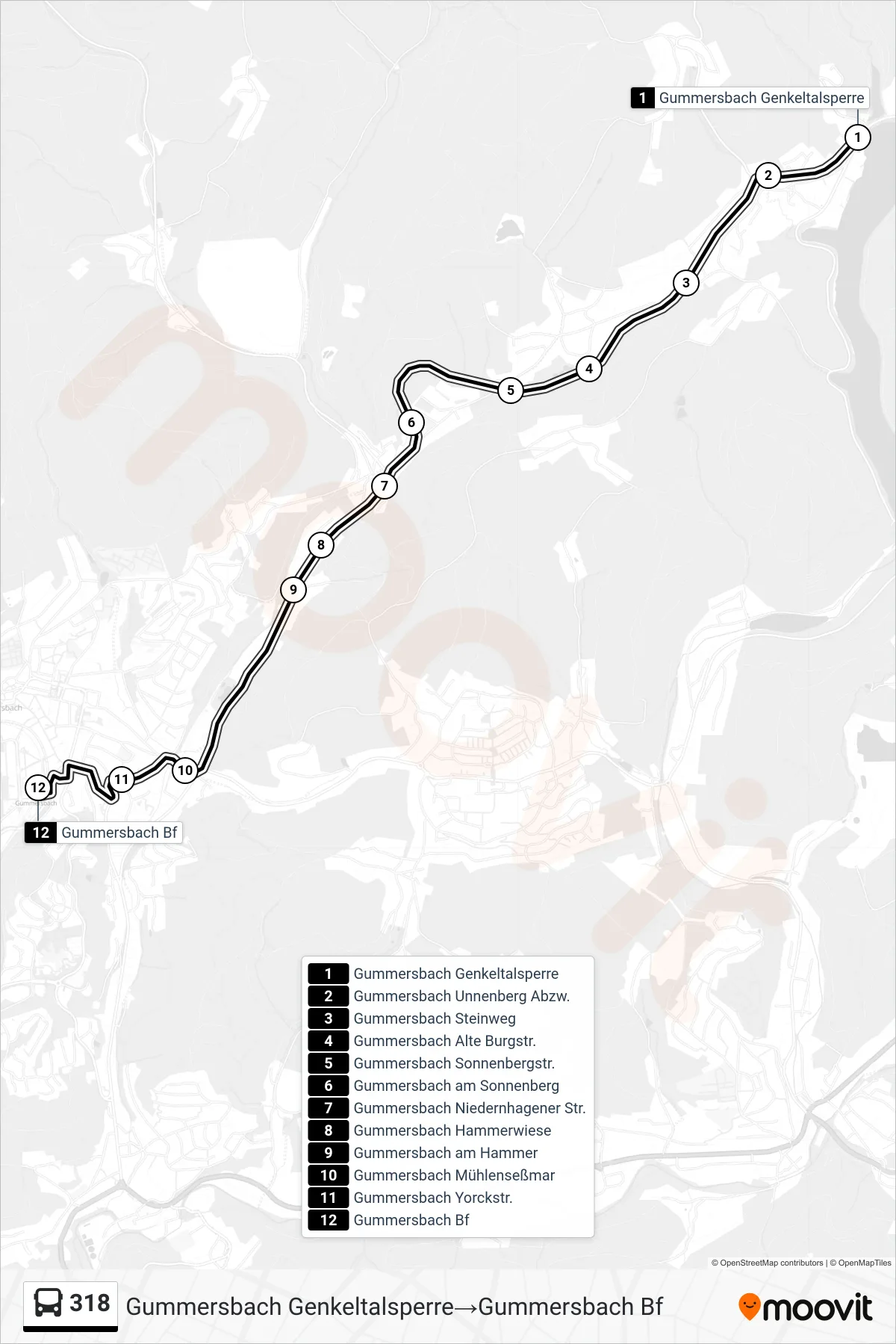 Linie 318 (Bus) Richtung Gummersbach Genkeltalsperre→Gummersbach Bf: Route und Haltestellen auf der Karte