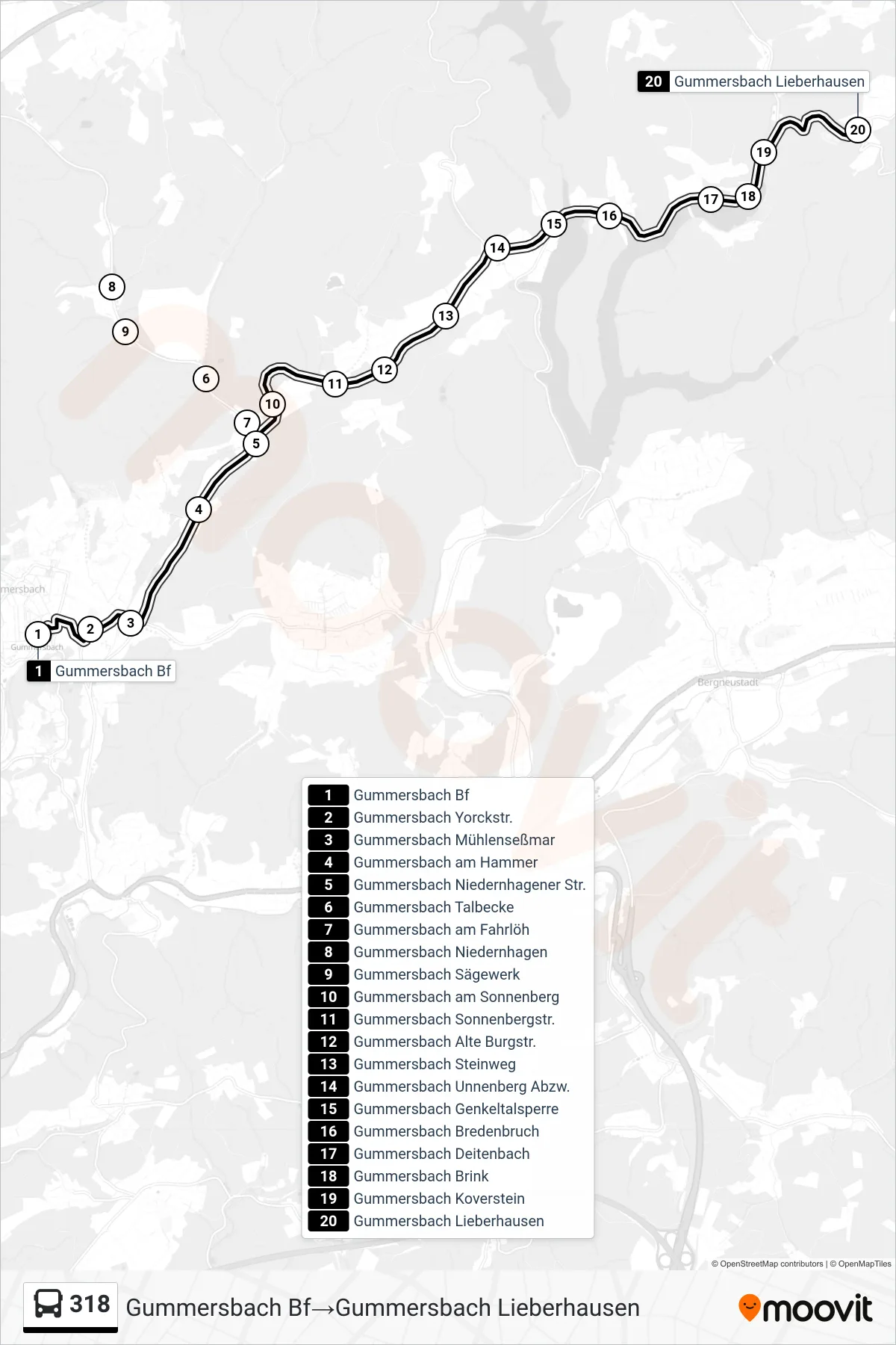 Linie 318 (Bus) Richtung Gummersbach Bf‎→Gummersbach Lieberhausen: Route und Haltestellen auf der Karte