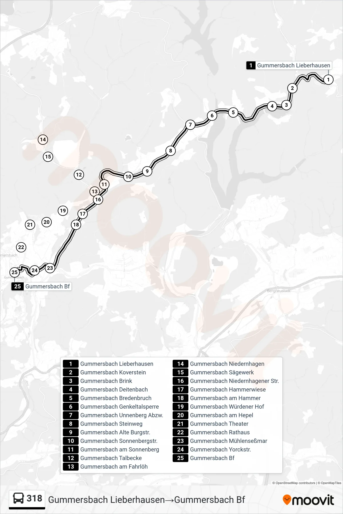 Linie 318 (Bus) Richtung Gummersbach Lieberhausen‎→Gummersbach Bf: Route und Haltestellen auf der Karte