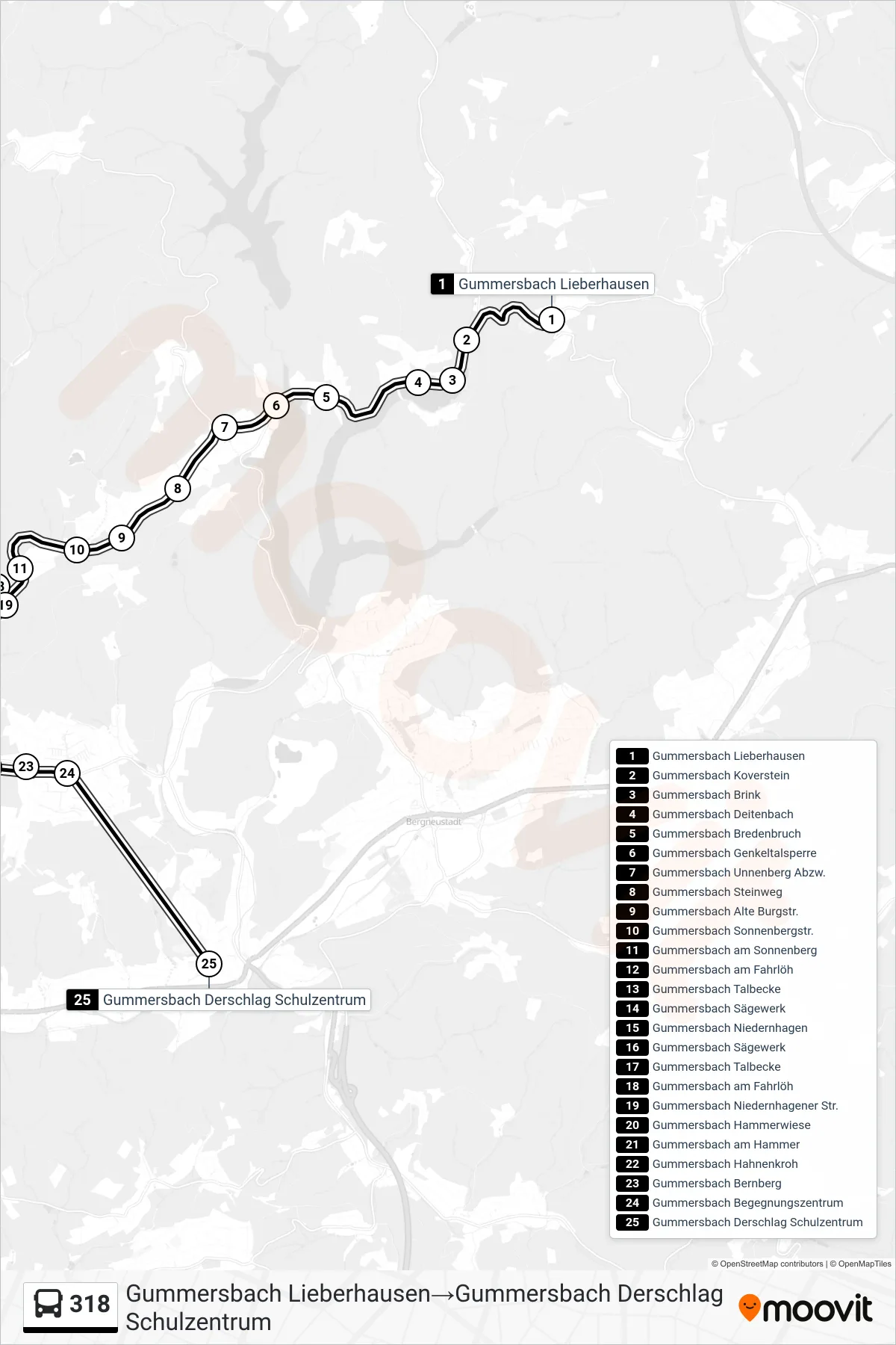 Linie 318 (Bus) Richtung Gummersbach Lieberhausen→Gummersbach Derschlag Schulzentrum: Route und Haltestellen auf der Karte