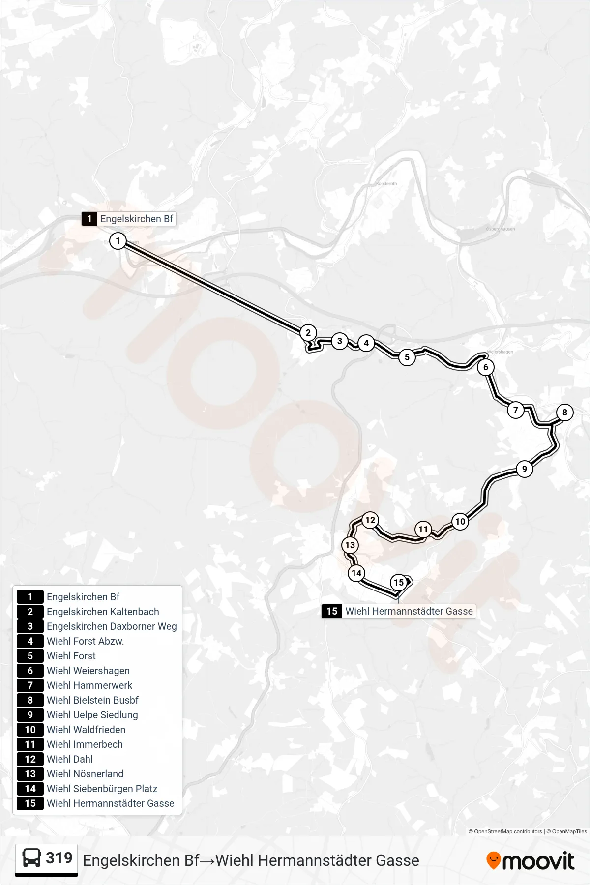 319 bus Line (Engelskirchen Bf‎→Wiehl Hermannstädter Gasse) route and stops on a map