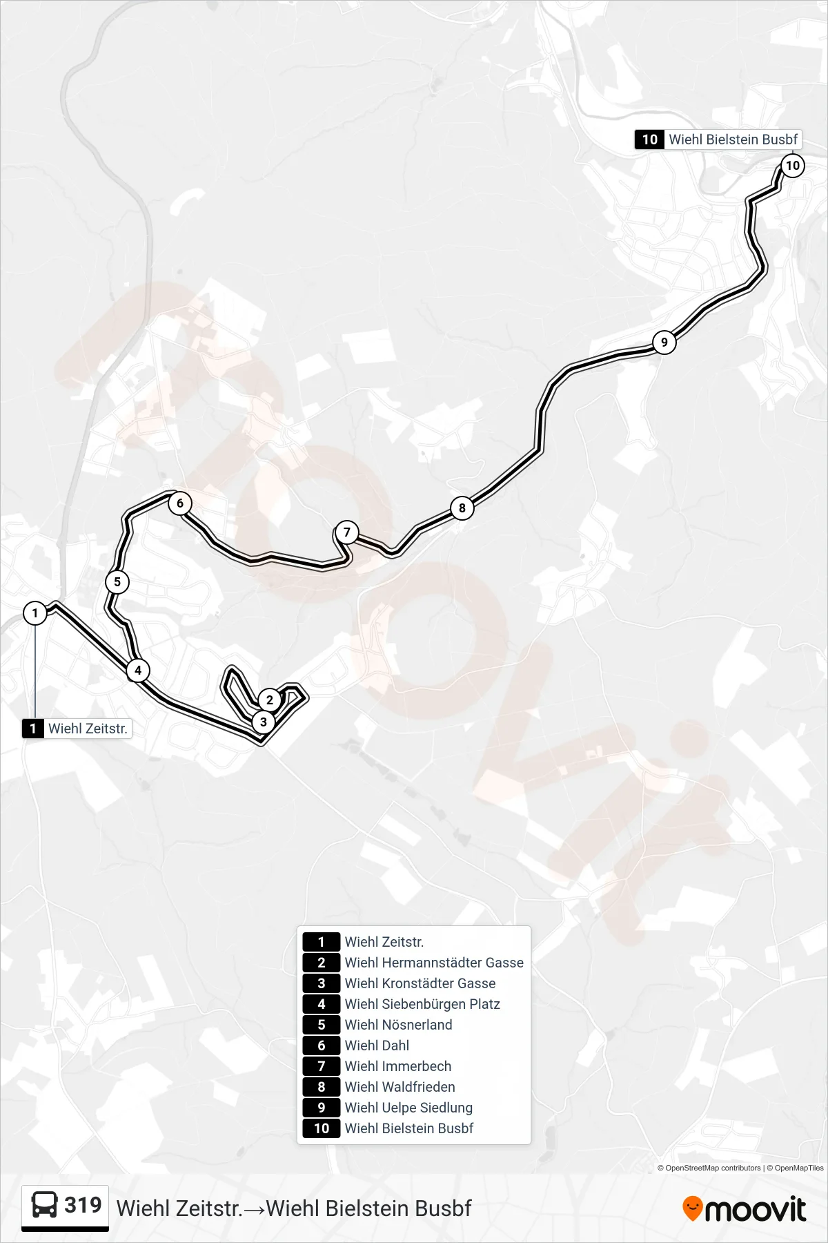 319 bus Line (Wiehl Zeitstr.→Wiehl Bielstein Busbf) route and stops on a map