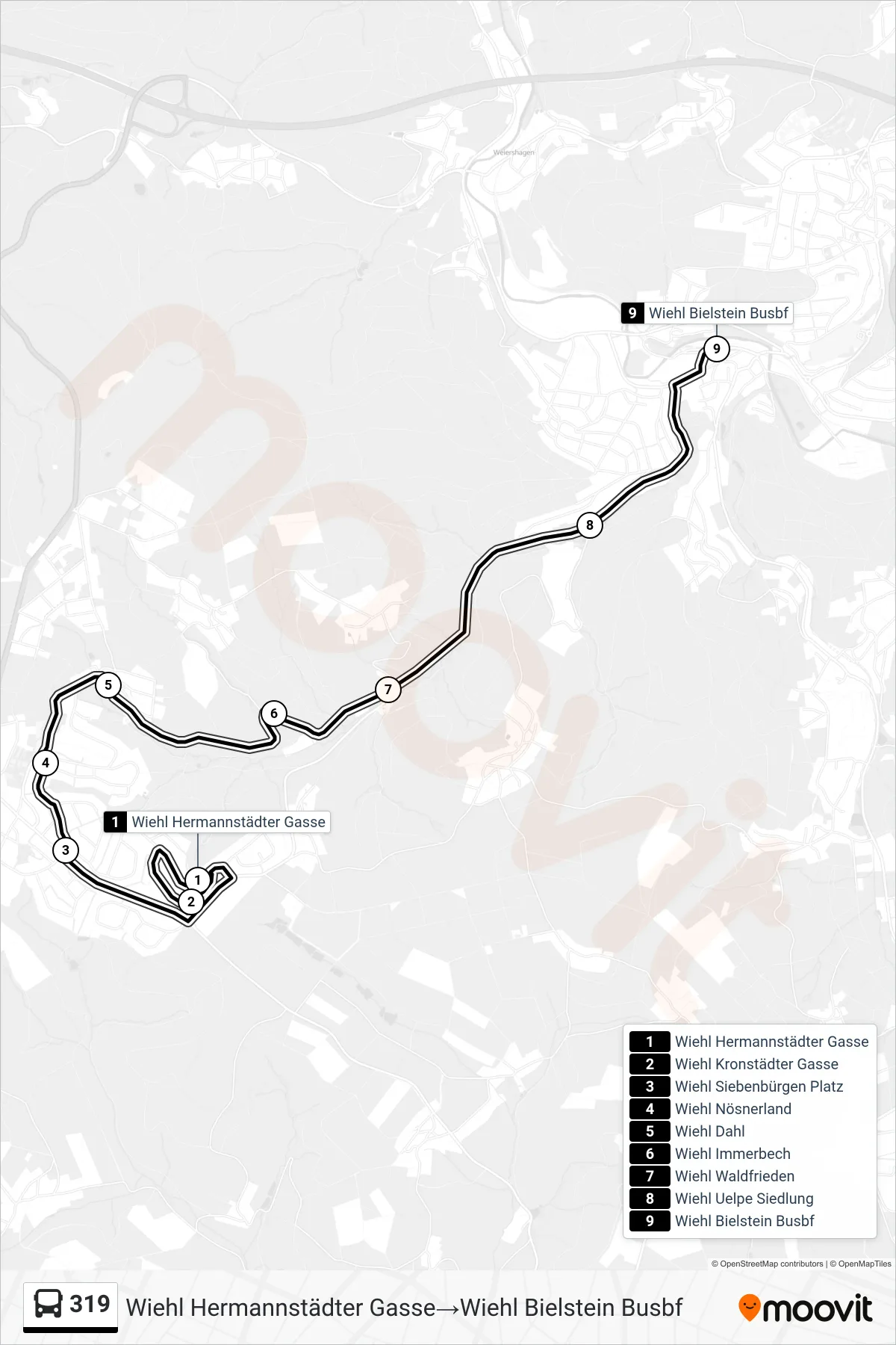 Linie 319 (Bus) Richtung Wiehl Hermannstädter Gasse→Wiehl Bielstein Busbf: Route und Haltestellen auf der Karte