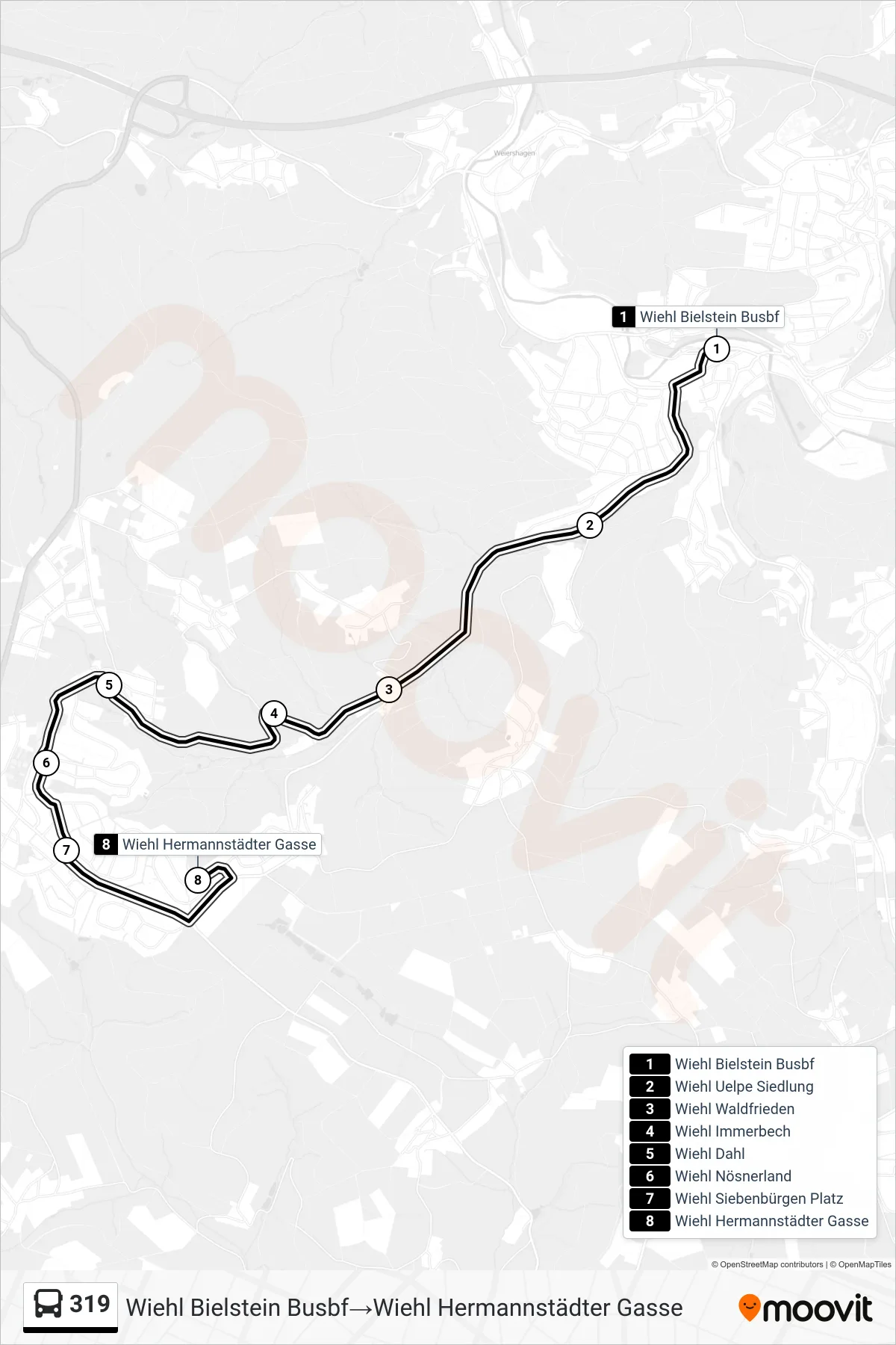 Linie 319 (Bus) Richtung Wiehl Bielstein Busbf→Wiehl Hermannstädter Gasse: Route und Haltestellen auf der Karte