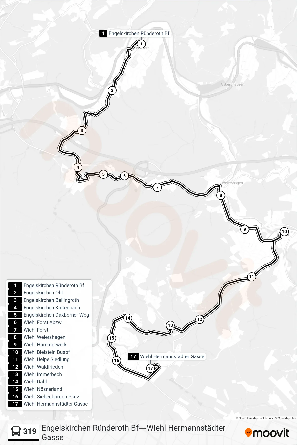 Linie 319 (Bus) Richtung Engelskirchen Ründeroth Bf→Wiehl Hermannstädter Gasse: Route und Haltestellen auf der Karte
