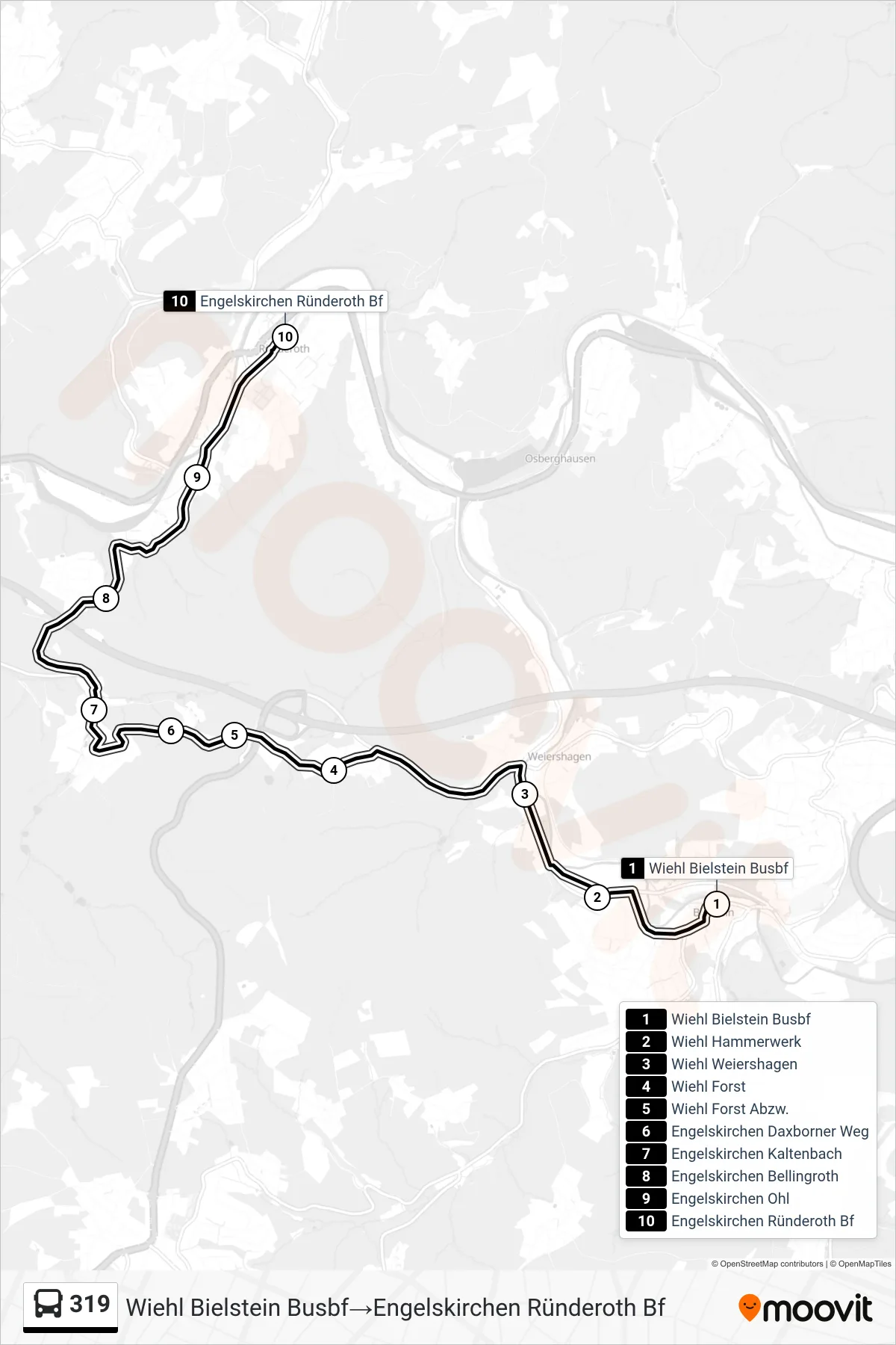 Linie 319 (Bus) Richtung Wiehl Bielstein Busbf‎→Engelskirchen Ründeroth Bf: Route und Haltestellen auf der Karte