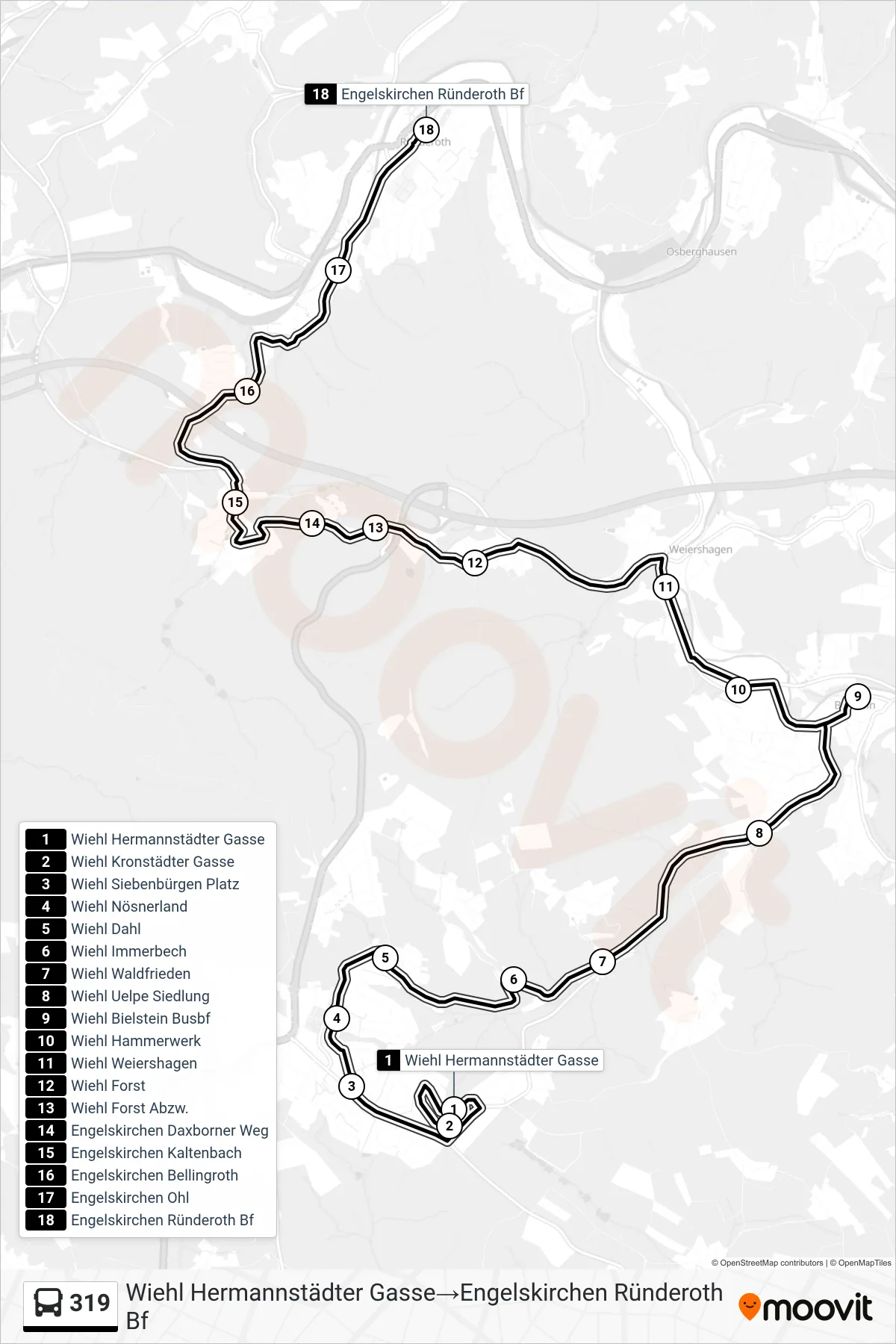 Linie 319 (Bus) Richtung Wiehl Hermannstädter Gasse→Engelskirchen Ründeroth Bf: Route und Haltestellen auf der Karte