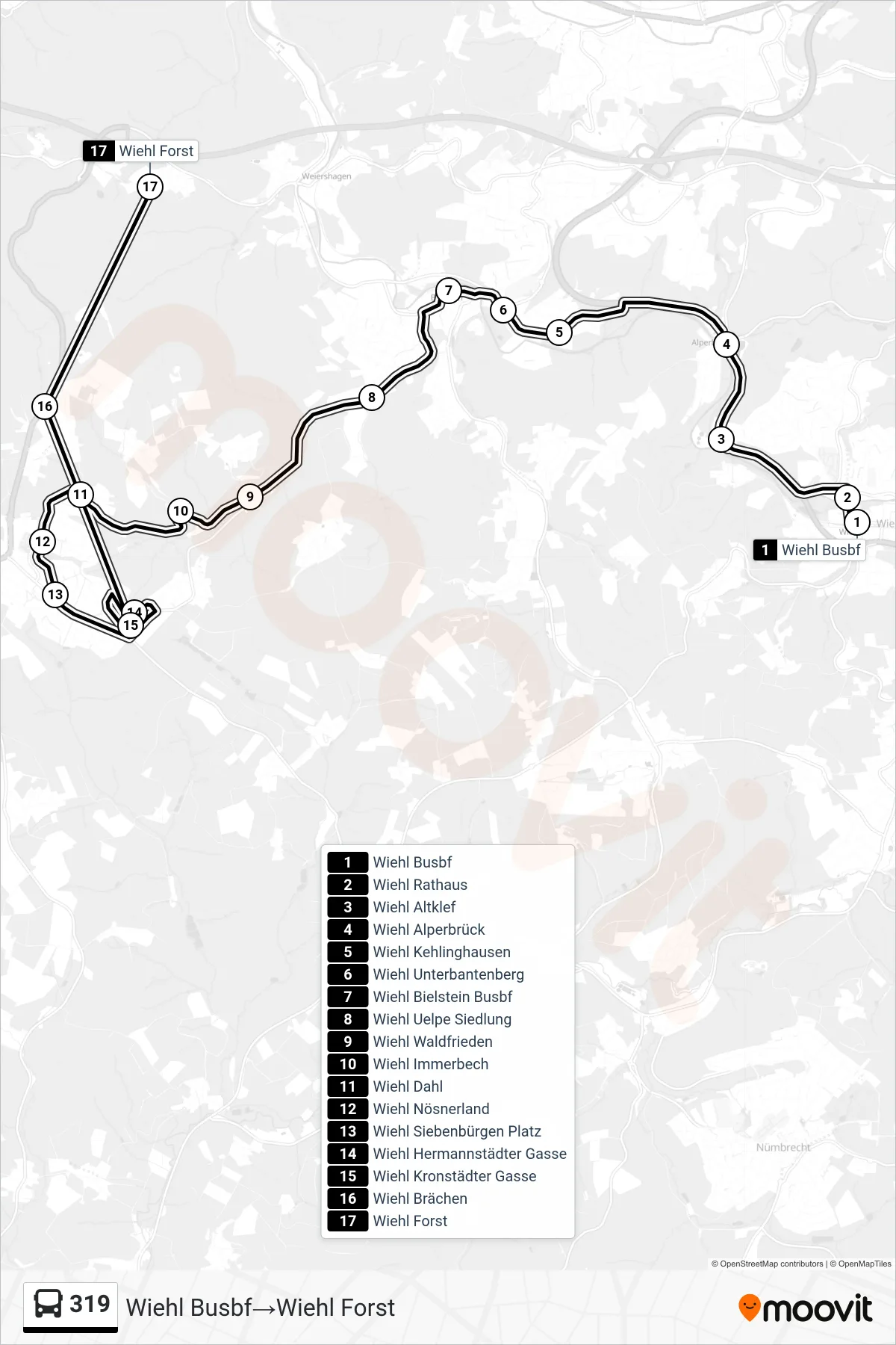 Linie 319 (Bus) Richtung Wiehl Busbf→Wiehl Forst: Route und Haltestellen auf der Karte