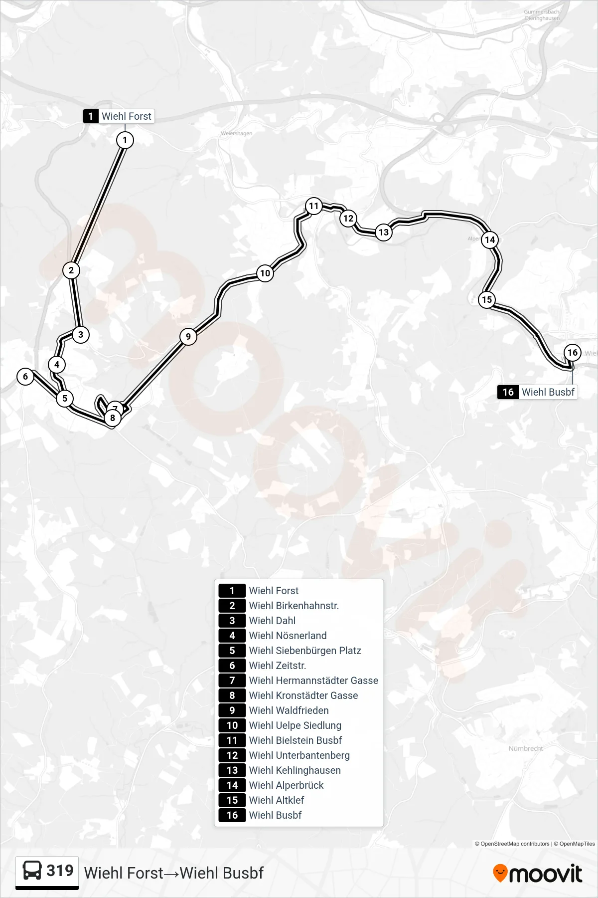 Linie 319 (Bus) Richtung Wiehl Forst→Wiehl Busbf: Route und Haltestellen auf der Karte