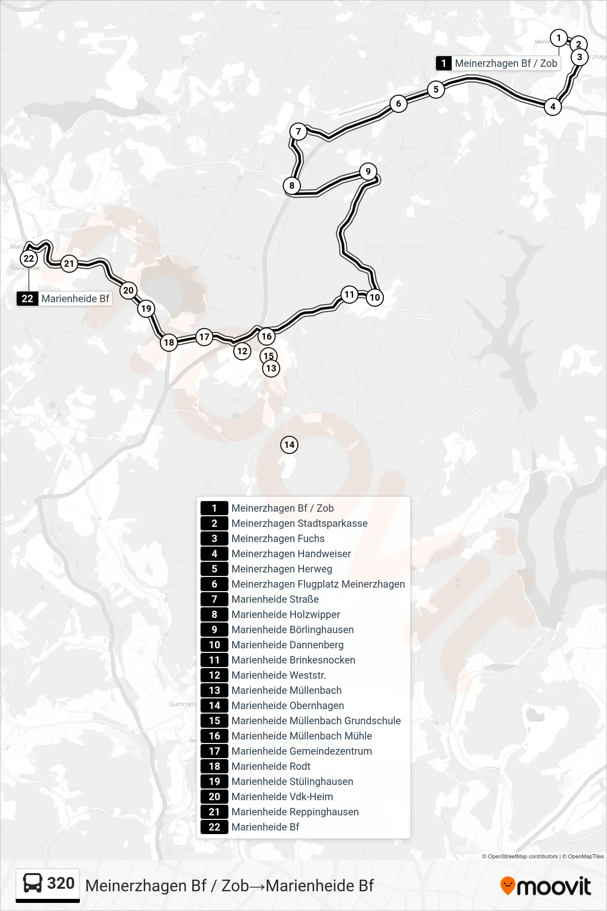 Linie 320 (Bus) Richtung Meinerzhagen Bf / Zob→Marienheide Bf: Route und Haltestellen auf der Karte