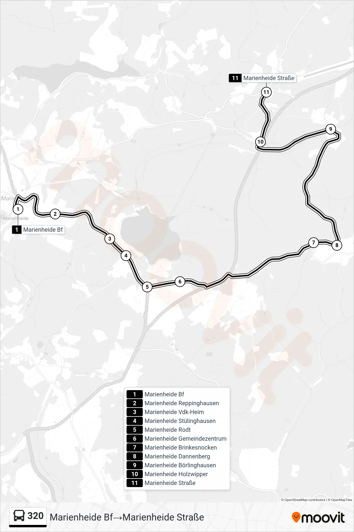 320 bus Line (Marienheide Bf→Marienheide Straße) route and stops on a map