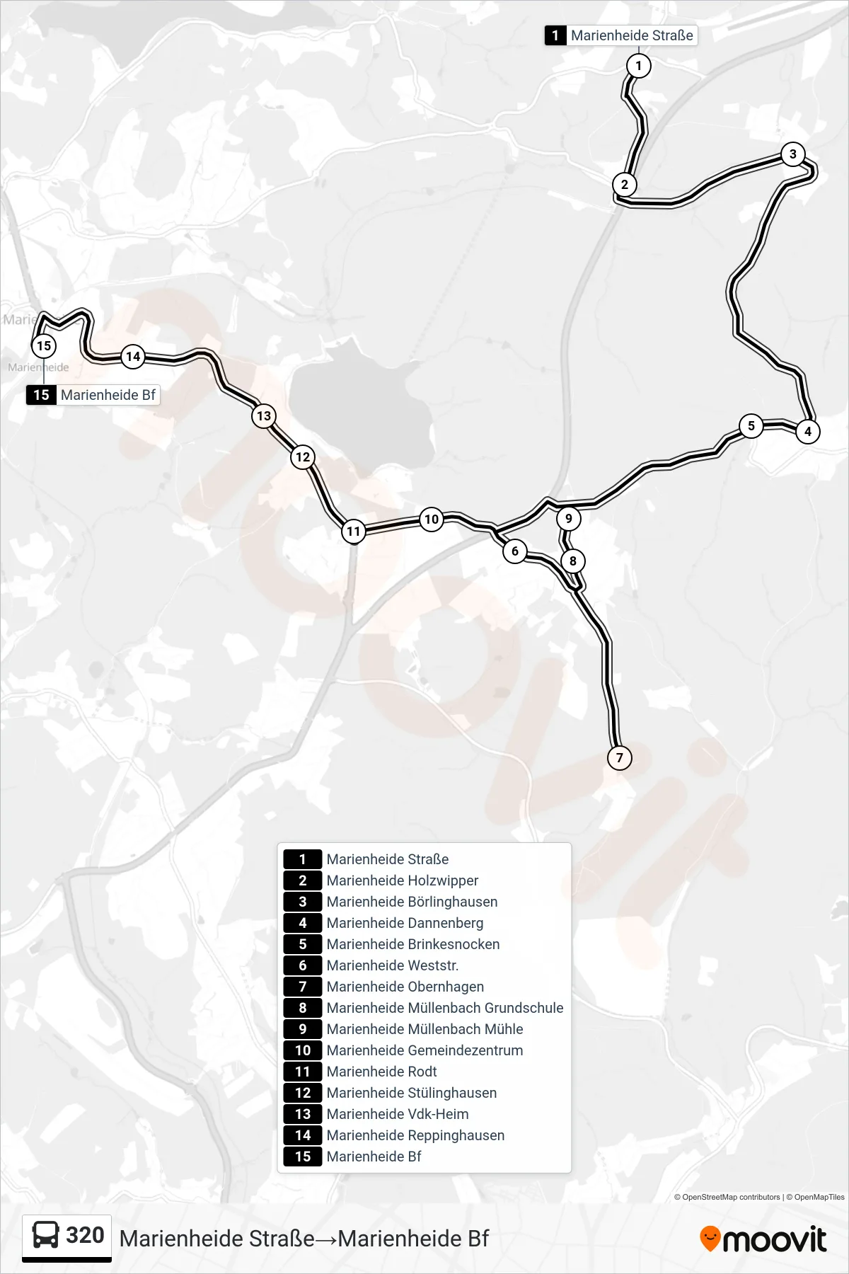 Linie 320 (Bus) Richtung Marienheide Straße→Marienheide Bf: Route und Haltestellen auf der Karte