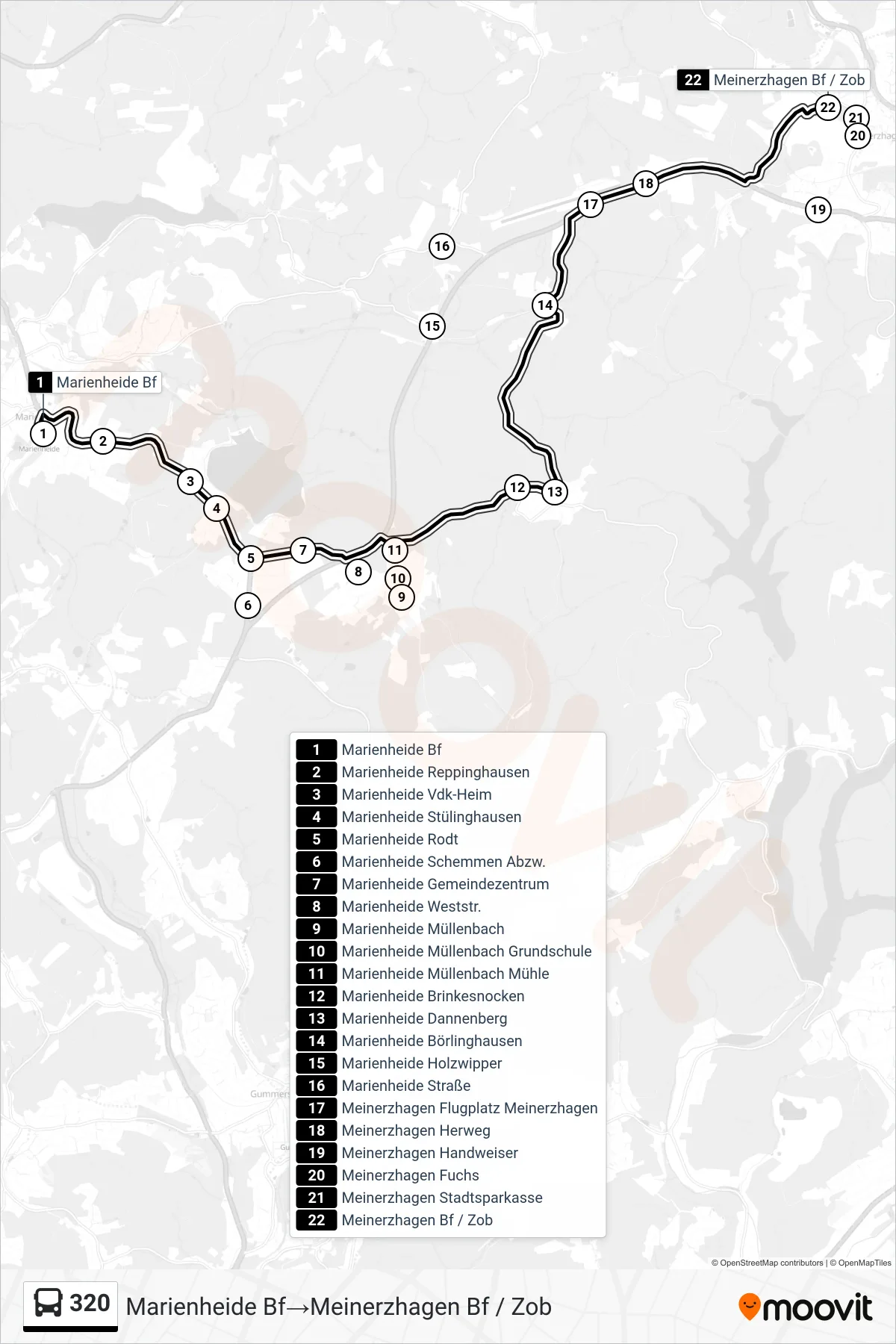 Linie 320 (Bus) Richtung Marienheide Bf‎→Meinerzhagen Bf / Zob: Route und Haltestellen auf der Karte
