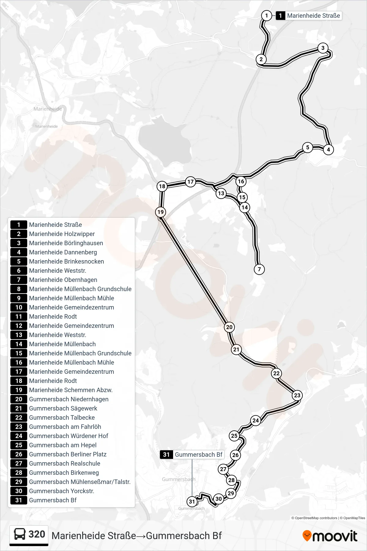 320 bus Line (Marienheide Straße→Gummersbach Bf) route and stops on a map