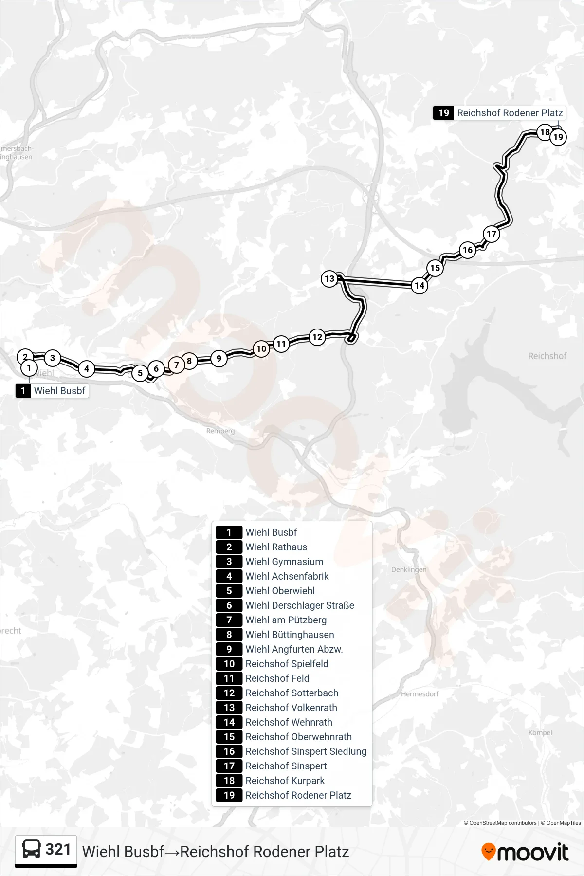 321 bus Line (Wiehl Busbf‎→Reichshof Rodener Platz) route and stops on a map