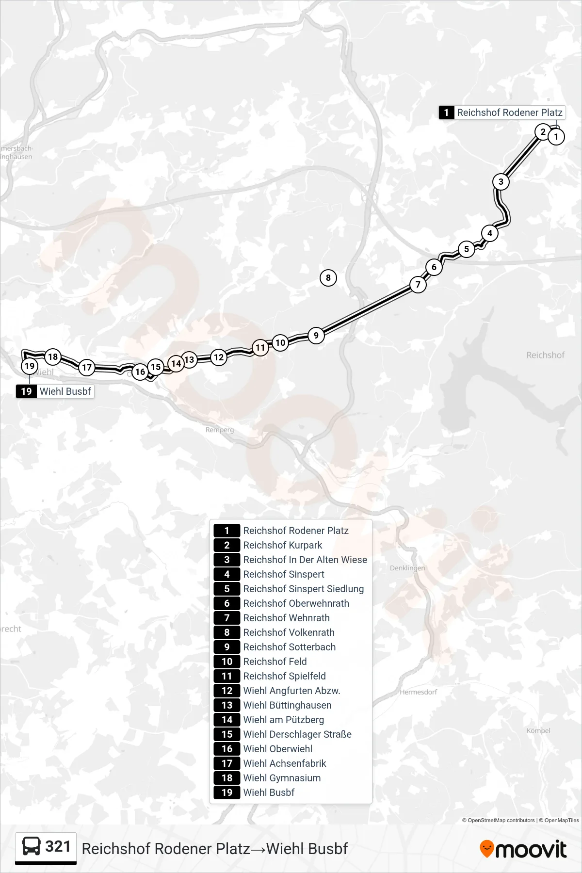 321 bus Line (Reichshof Rodener Platz‎→Wiehl Busbf) route and stops on a map