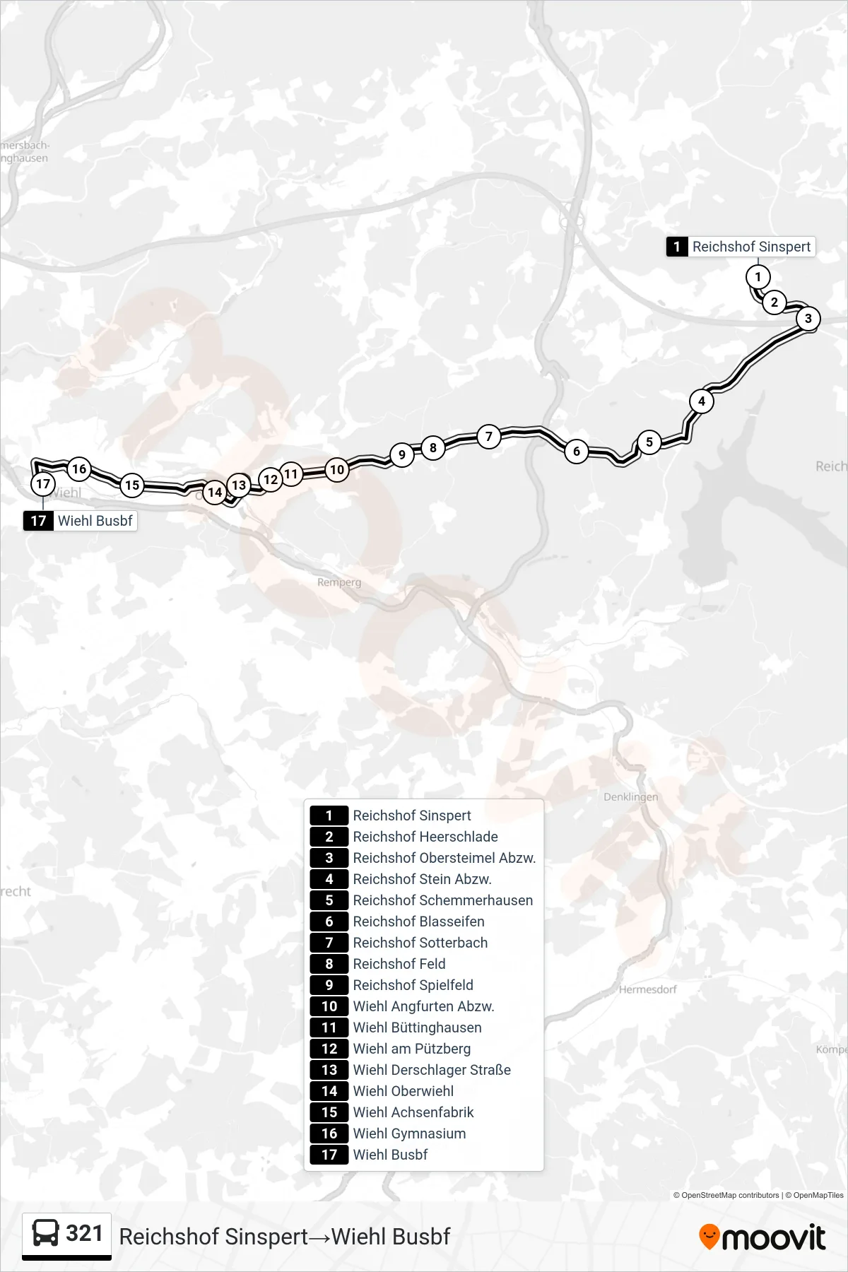 321 bus Line (Reichshof Sinspert‎→Wiehl Busbf) route and stops on a map