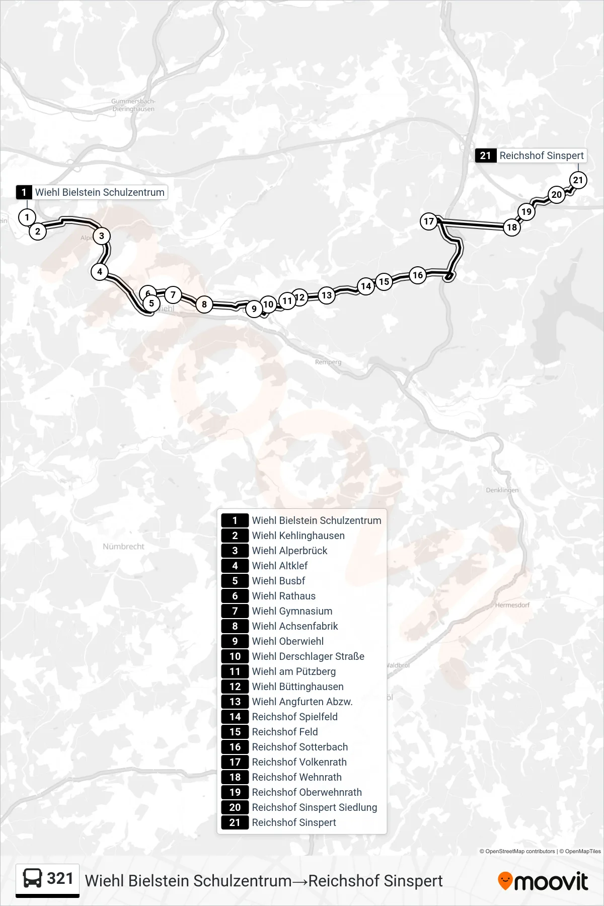 Linie 321 (Bus) Richtung Wiehl Bielstein Schulzentrum→Reichshof Sinspert: Route und Haltestellen auf der Karte