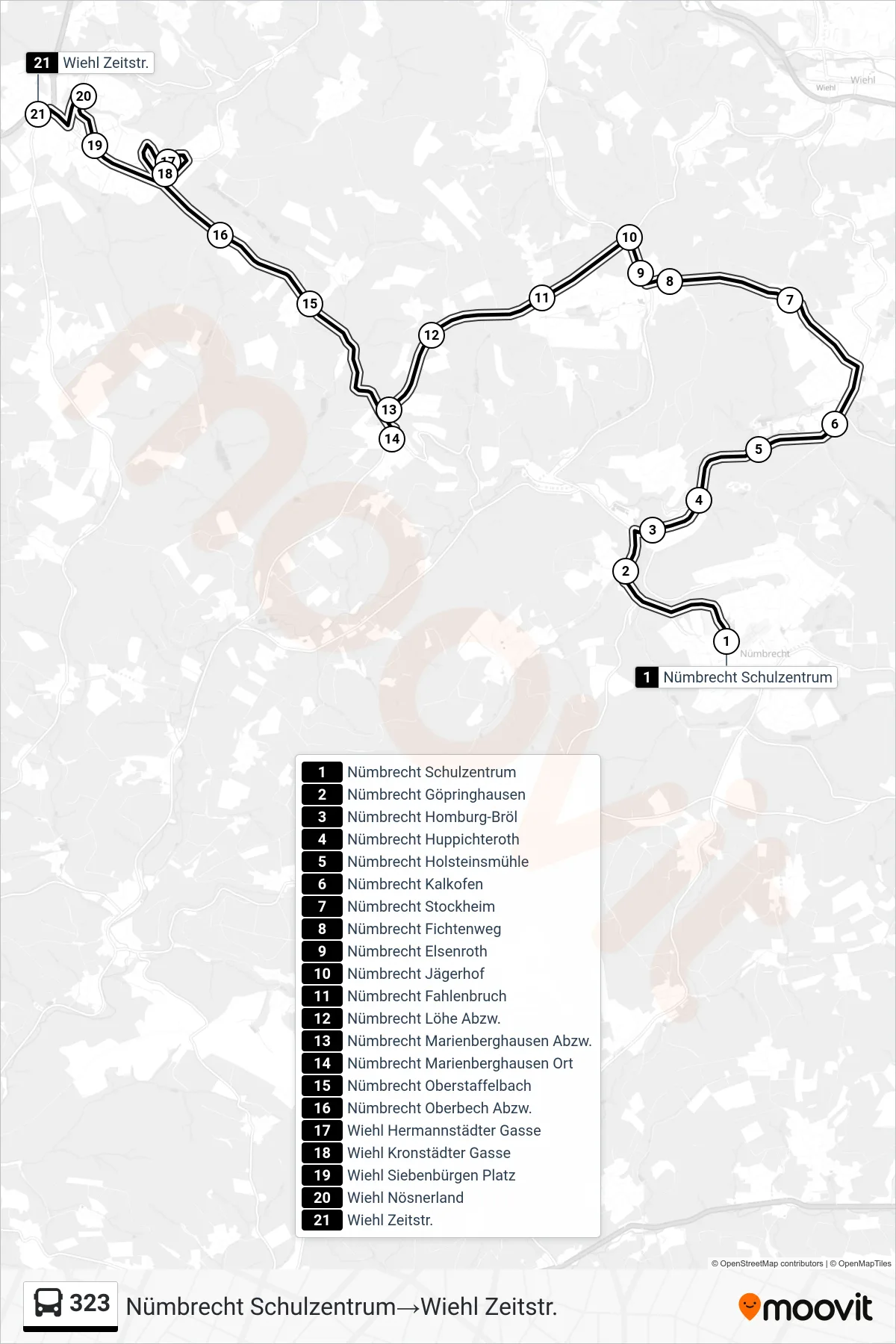 Linie 323 (Bus) Richtung Nümbrecht Schulzentrum→Wiehl Zeitstr.: Route und Haltestellen auf der Karte