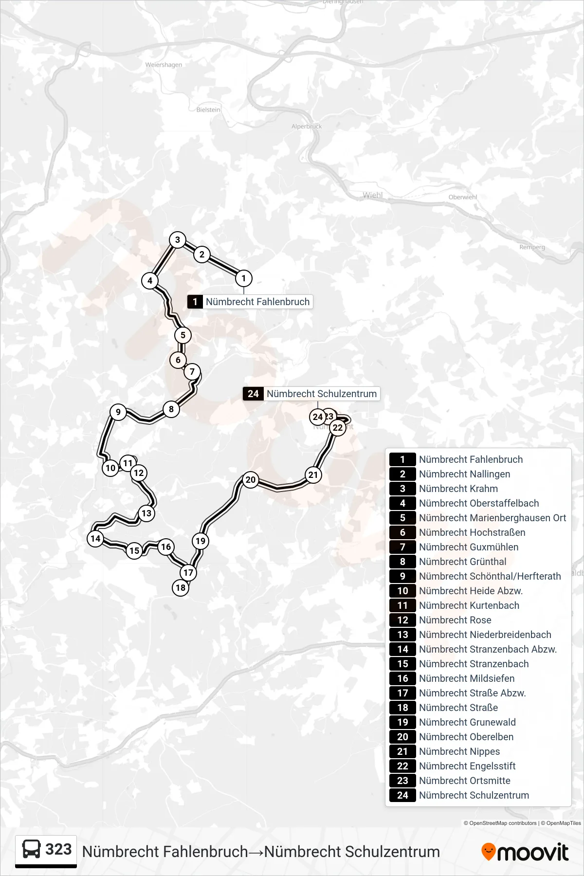 Linie 323 (Bus) Richtung Nümbrecht Fahlenbruch‎→Nümbrecht Schulzentrum: Route und Haltestellen auf der Karte