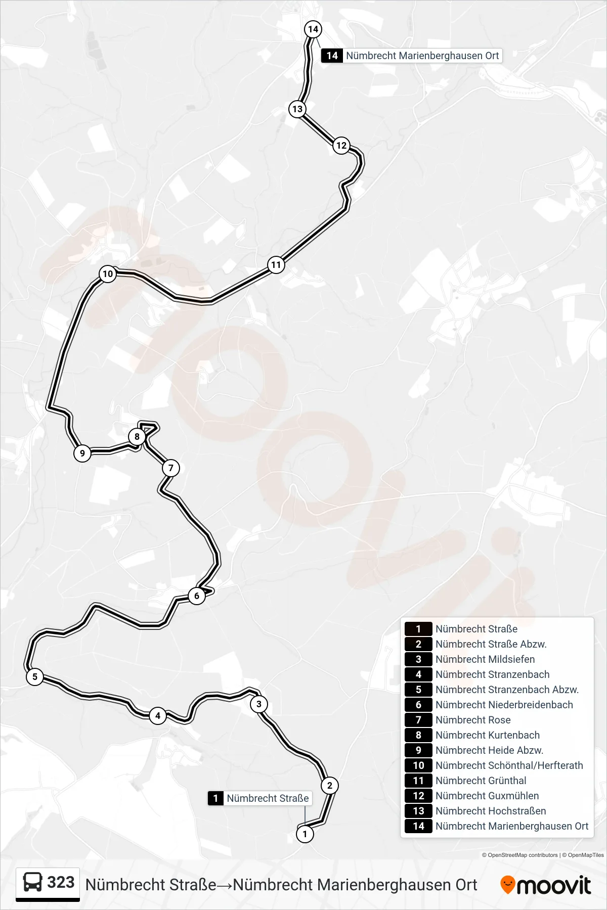 Linie 323 (Bus) Richtung Nümbrecht Straße‎→Nümbrecht Marienberghausen Ort: Route und Haltestellen auf der Karte