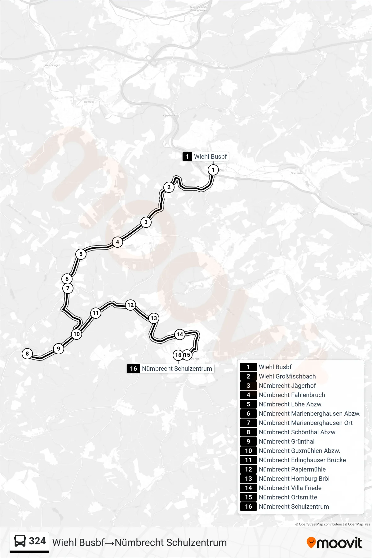 Linie 324 (Bus) Richtung Wiehl Busbf→Nümbrecht Schulzentrum: Route und Haltestellen auf der Karte