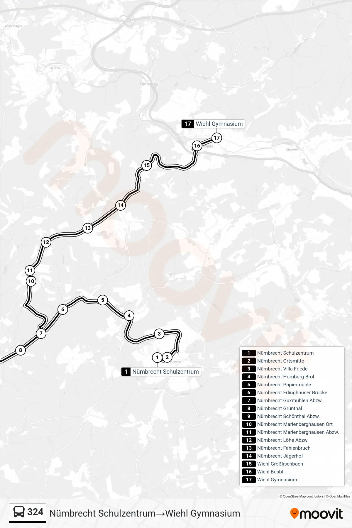 Linie 324 (Bus) Richtung Nümbrecht Schulzentrum→Wiehl Gymnasium: Route und Haltestellen auf der Karte