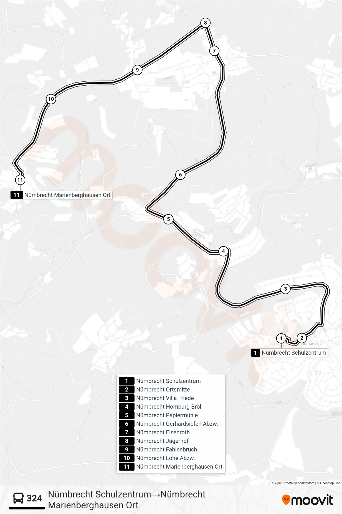 Linie 324 (Bus) Richtung Nümbrecht Schulzentrum→Nümbrecht Marienberghausen Ort: Route und Haltestellen auf der Karte