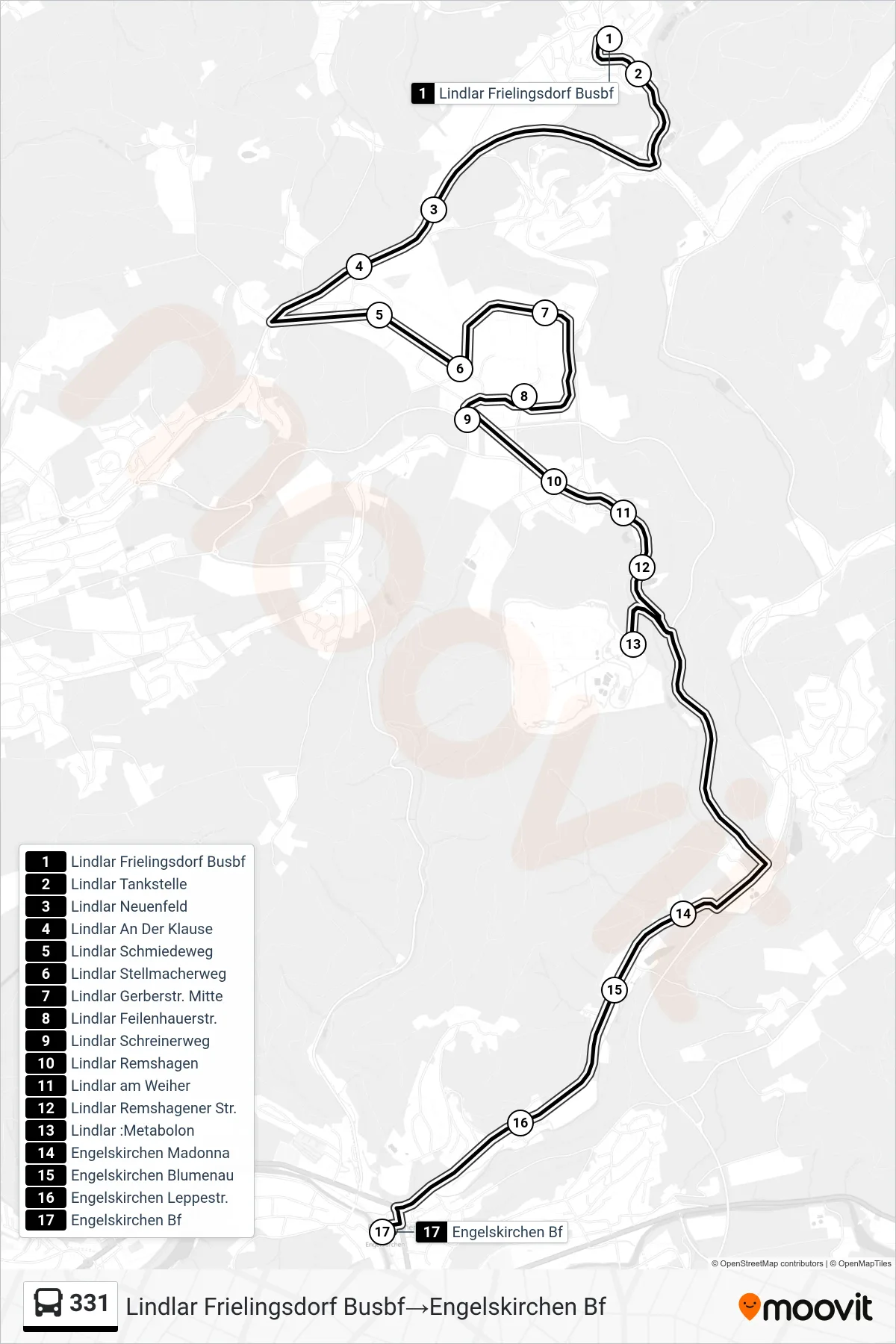 Linie 331 (Bus) Richtung Lindlar Frielingsdorf Busbf→Engelskirchen Bf: Route und Haltestellen auf der Karte