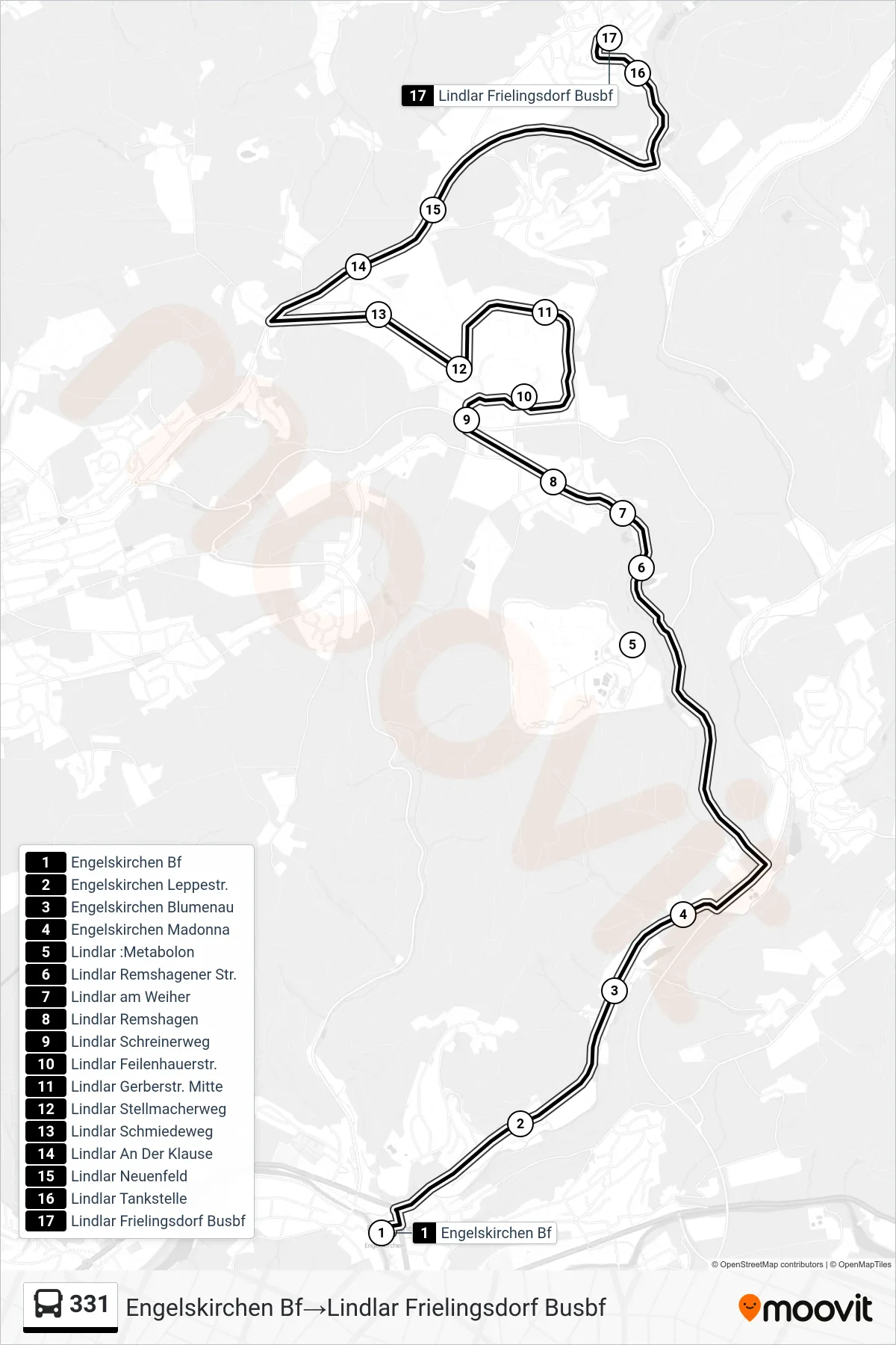 Linie 331 (Bus) Richtung Engelskirchen Bf→Lindlar Frielingsdorf Busbf: Route und Haltestellen auf der Karte