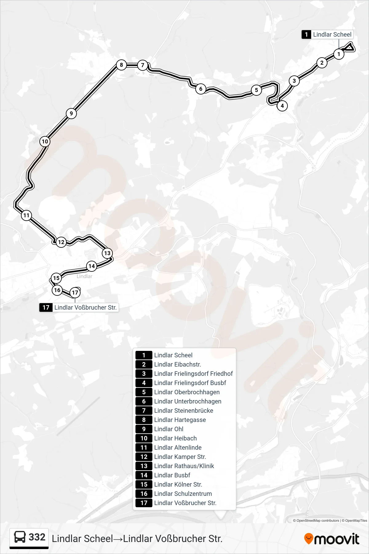 Linie 332 (Bus) Richtung Lindlar Scheel→Lindlar Voßbrucher Str.: Route und Haltestellen auf der Karte